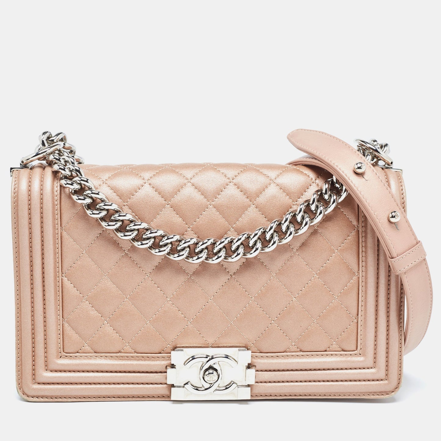 CHANEL Metallic Beige Quilted Leather Medium Boy Flap Bag