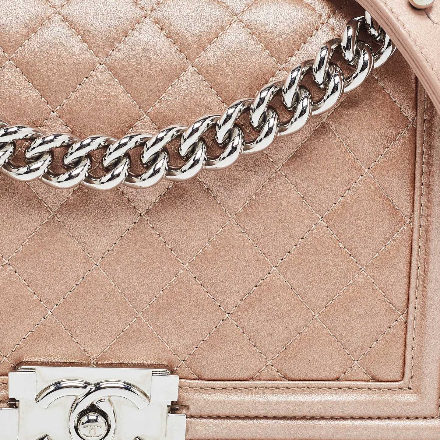 CHANEL Metallic Beige Quilted Leather Medium Boy Flap Bag