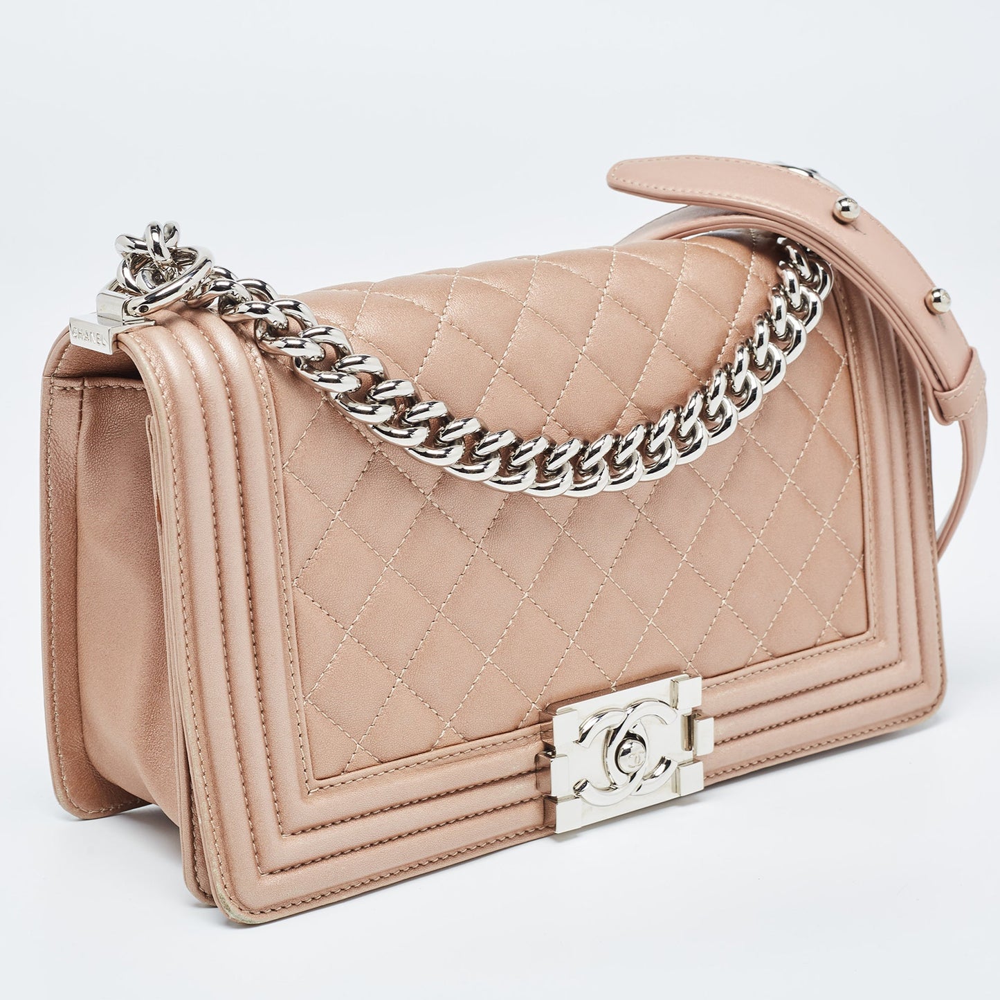 CHANEL Metallic Beige Quilted Leather Medium Boy Flap Bag