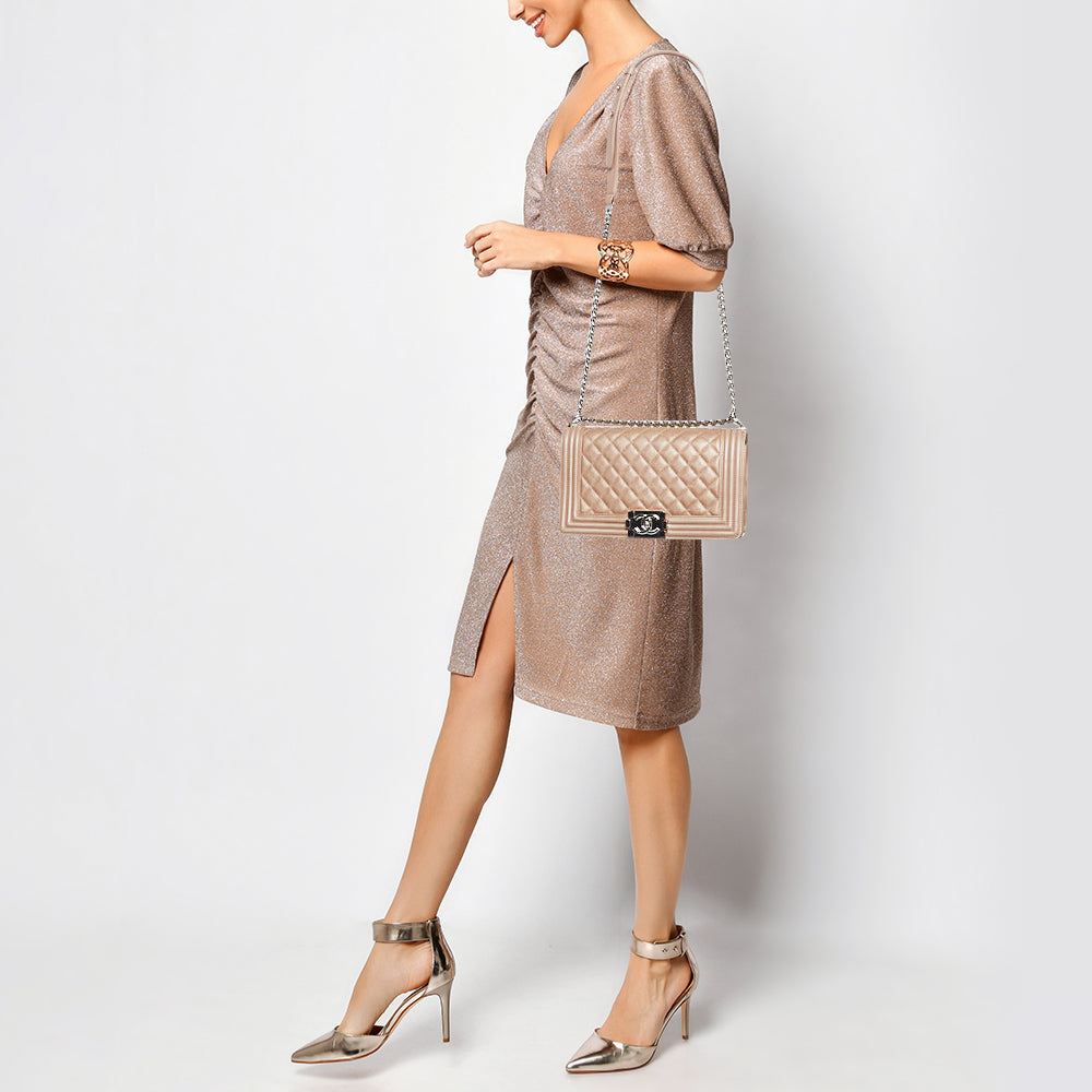 CHANEL Metallic Beige Quilted Leather Medium Boy Flap Bag
