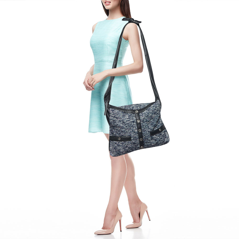 CHANEL Blue/Black Tweed and Leather Large Girl  Bag