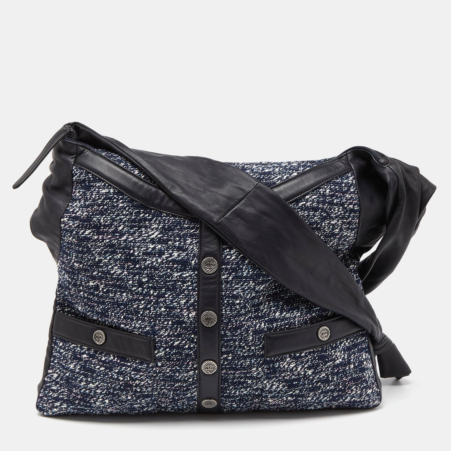 CHANEL Blue/Black Tweed and Leather Large Girl  Bag
