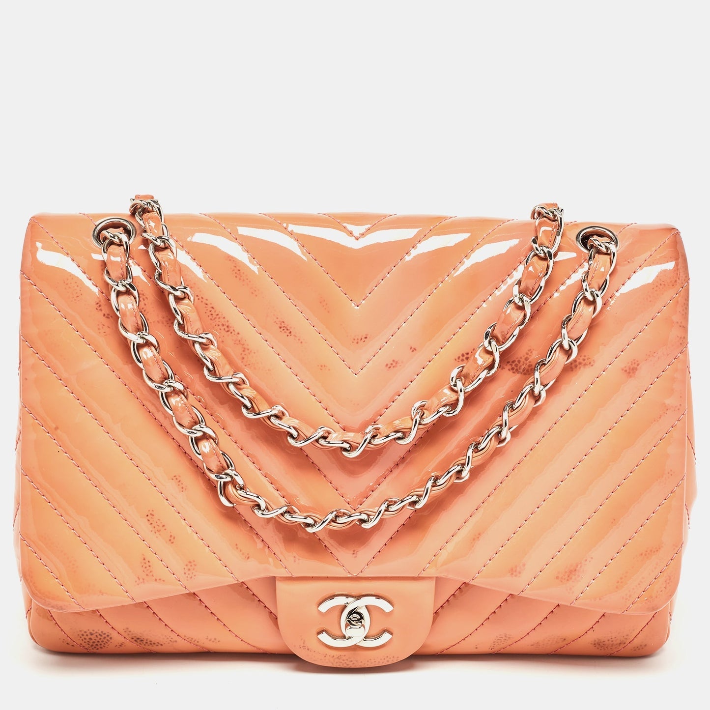 CHANEL Pink Chevron Patent Leather Jumbo Classic Single Flap Bag