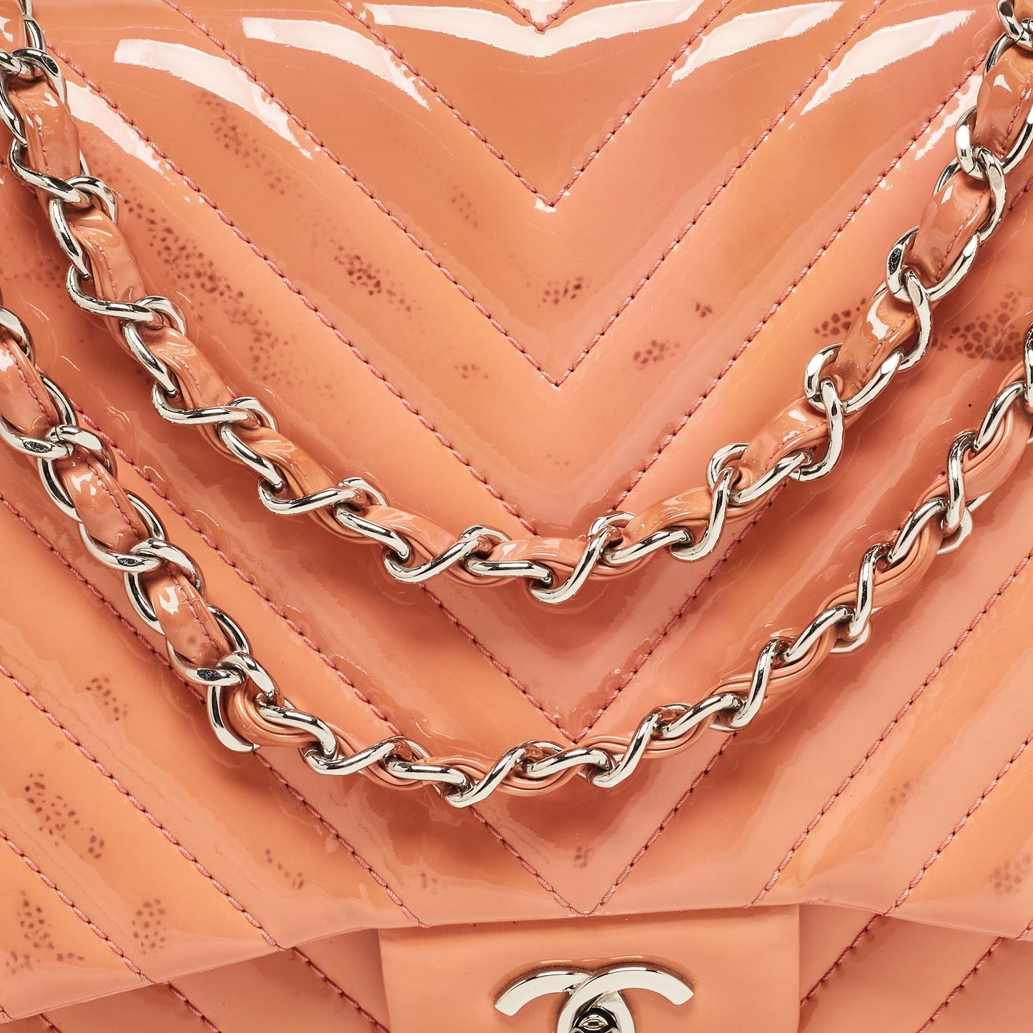CHANEL Pink Chevron Patent Leather Jumbo Classic Single Flap Bag