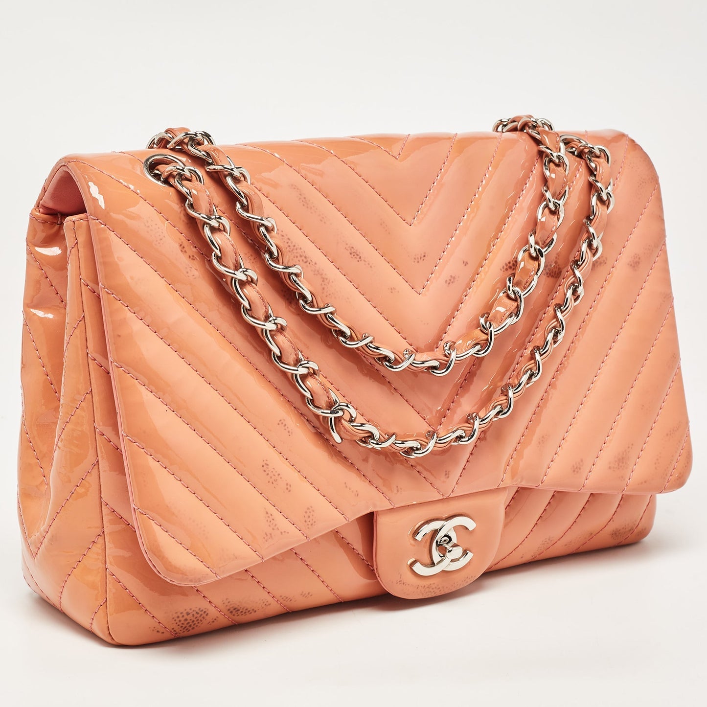 CHANEL Pink Chevron Patent Leather Jumbo Classic Single Flap Bag