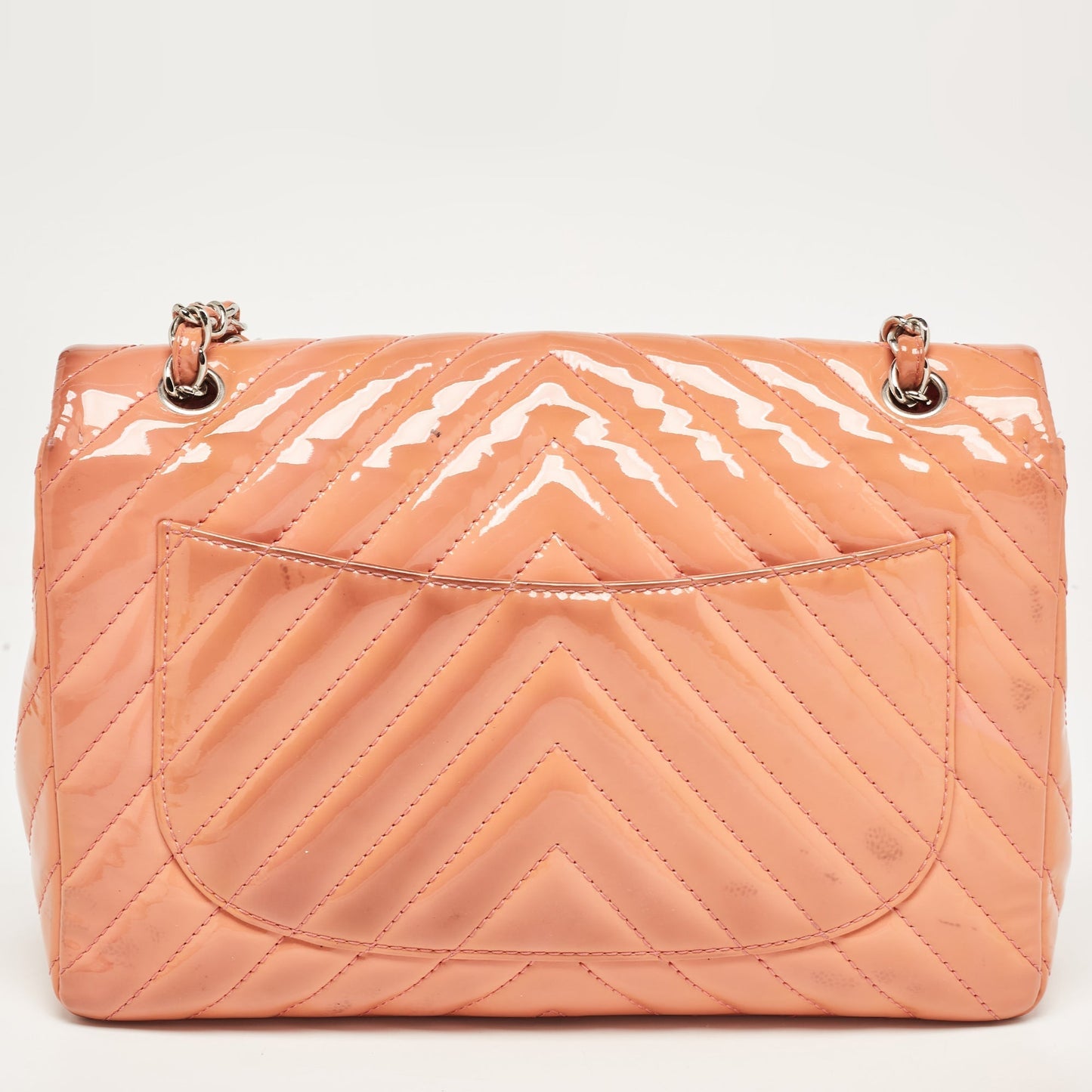 CHANEL Pink Chevron Patent Leather Jumbo Classic Single Flap Bag