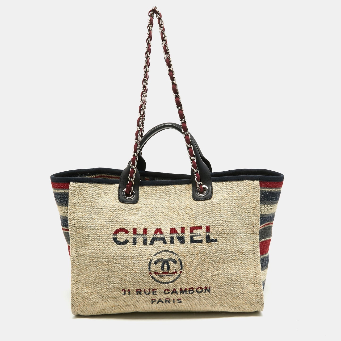 CHANEL Multicolor Stripe Canvas and Leather Large Deauville Shopper Tote