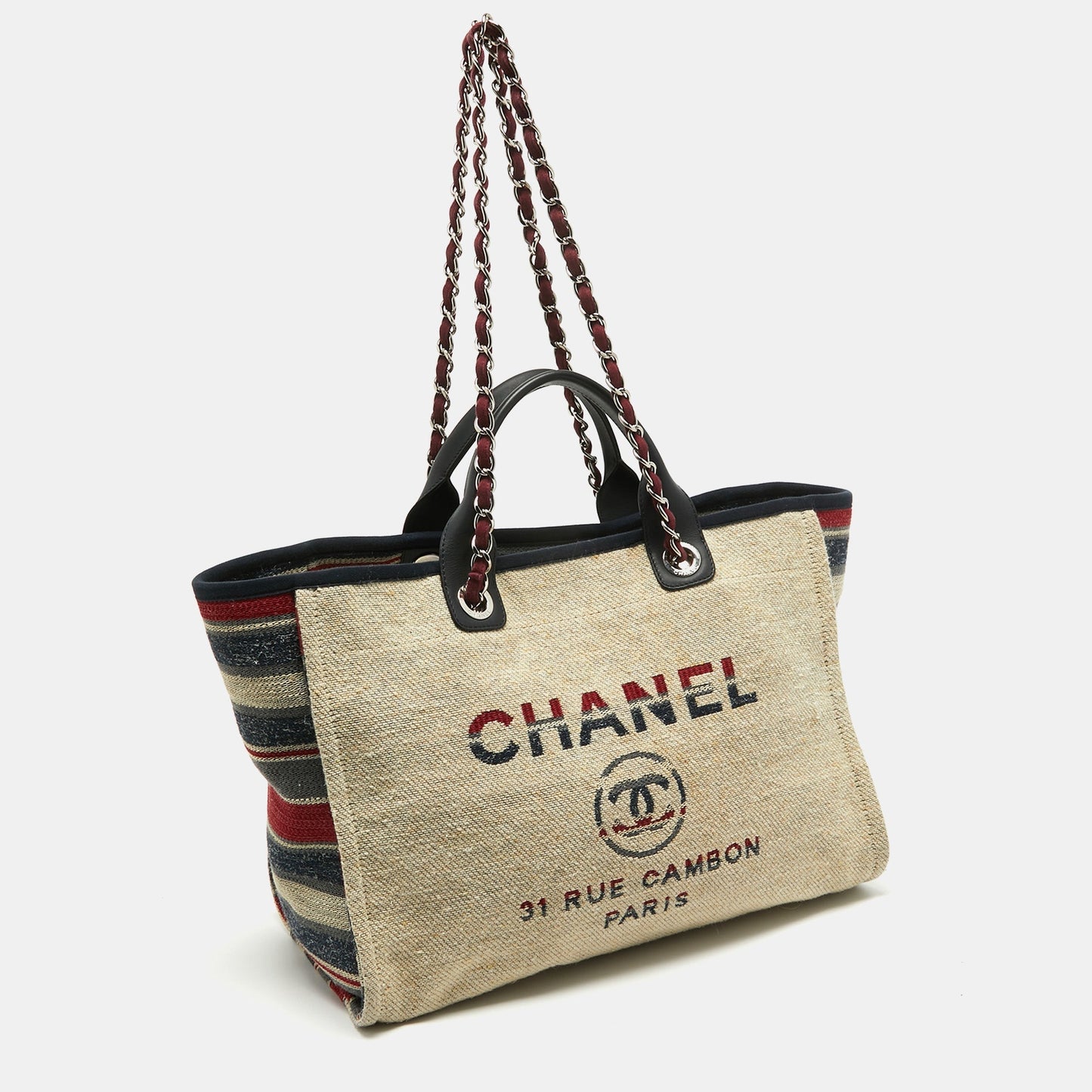CHANEL Multicolor Stripe Canvas and Leather Large Deauville Shopper Tote