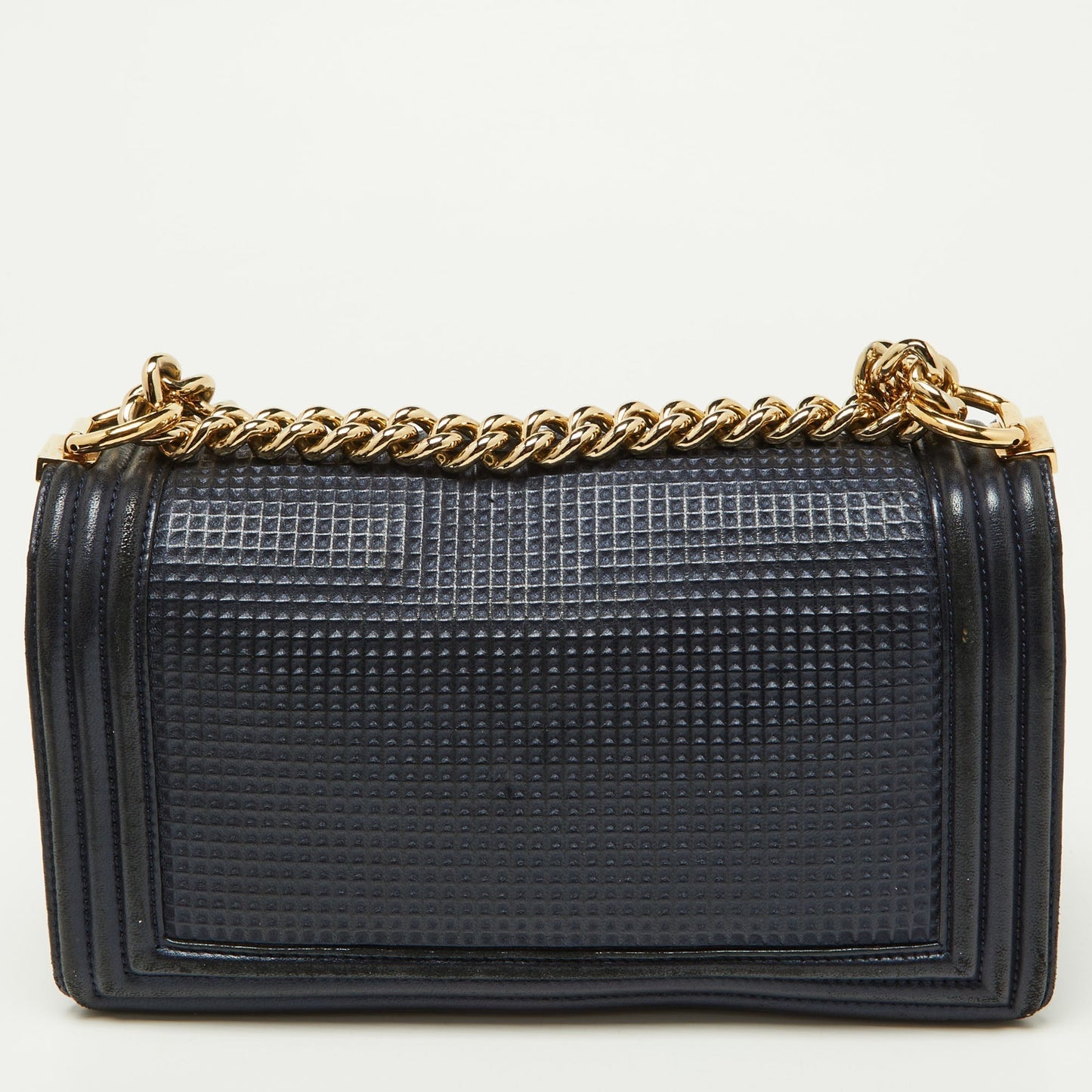 CHANEL Dark Blue/Red Cube Embossed Leather Medium Boy Flap Bag