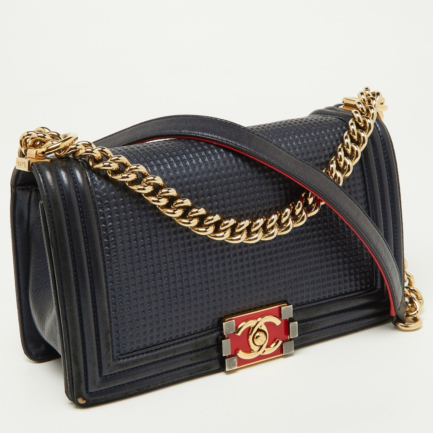 CHANEL Dark Blue/Red Cube Embossed Leather Medium Boy Flap Bag