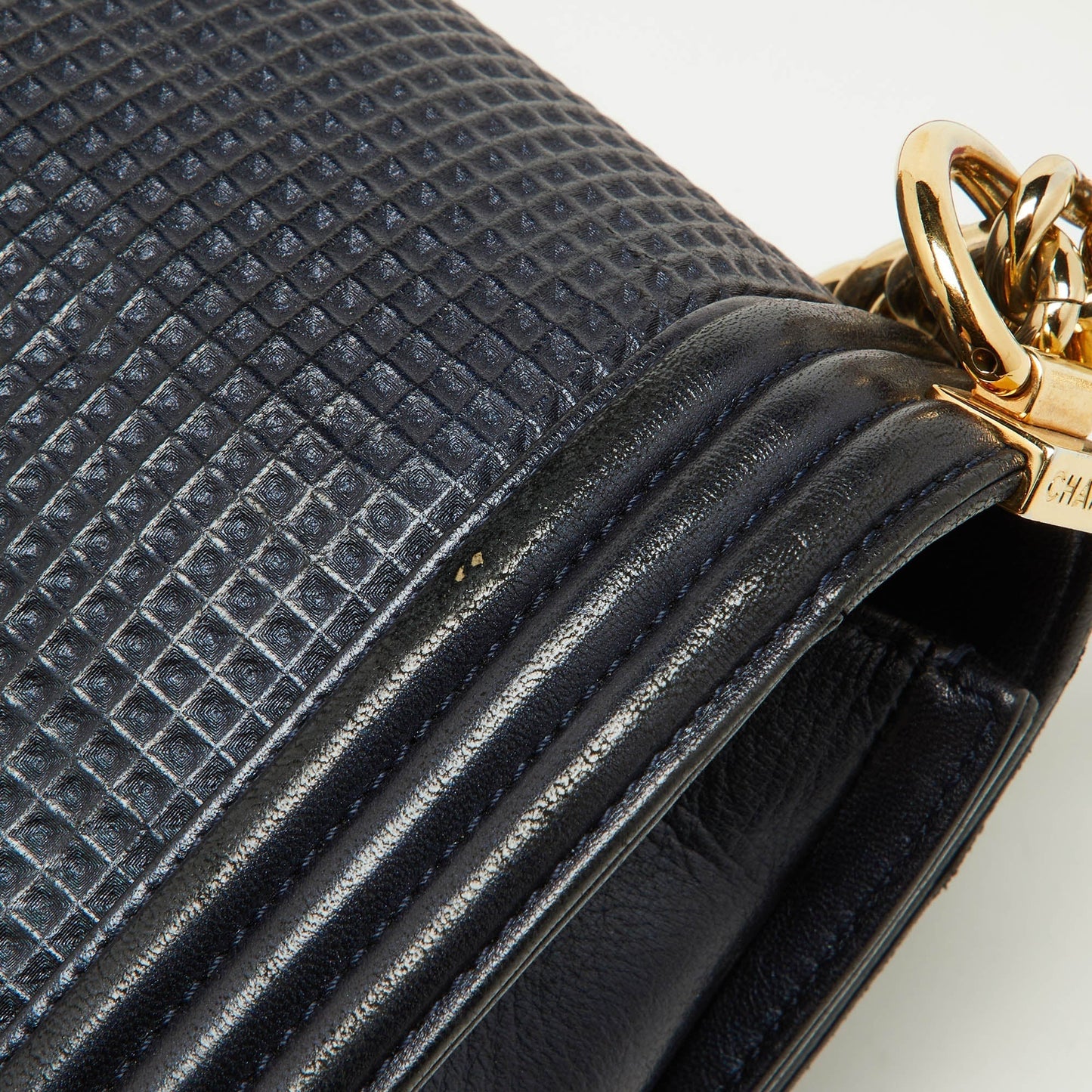 CHANEL Dark Blue/Red Cube Embossed Leather Medium Boy Flap Bag