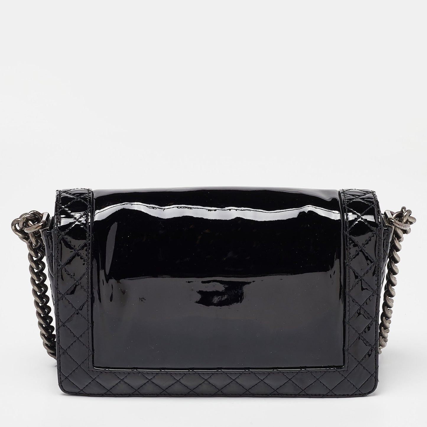 CHANEL Black Patent Leather New Medium Reverso Boy Flap Bag