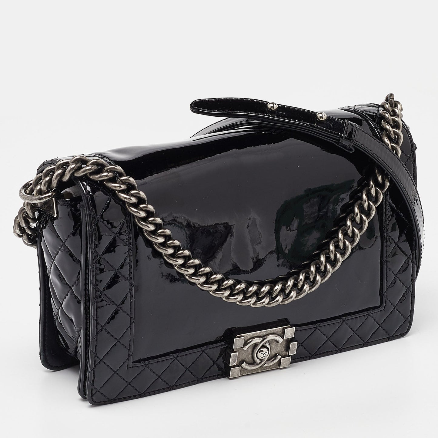 CHANEL Black Patent Leather New Medium Reverso Boy Flap Bag
