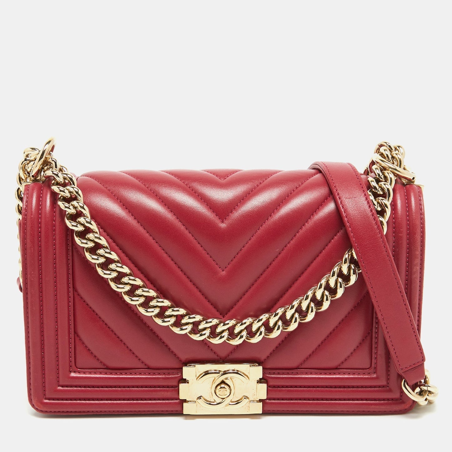 CHANEL Fuchsia Chevron Leather Medium Boy Flap Bag