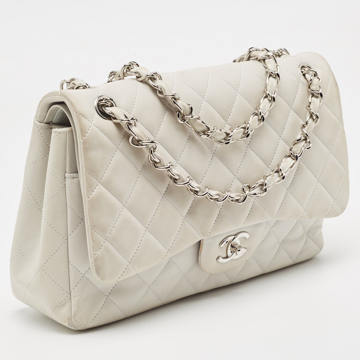 CHANEL Light Grey Quilted Leather Jumbo Classic Double Flap Bag
