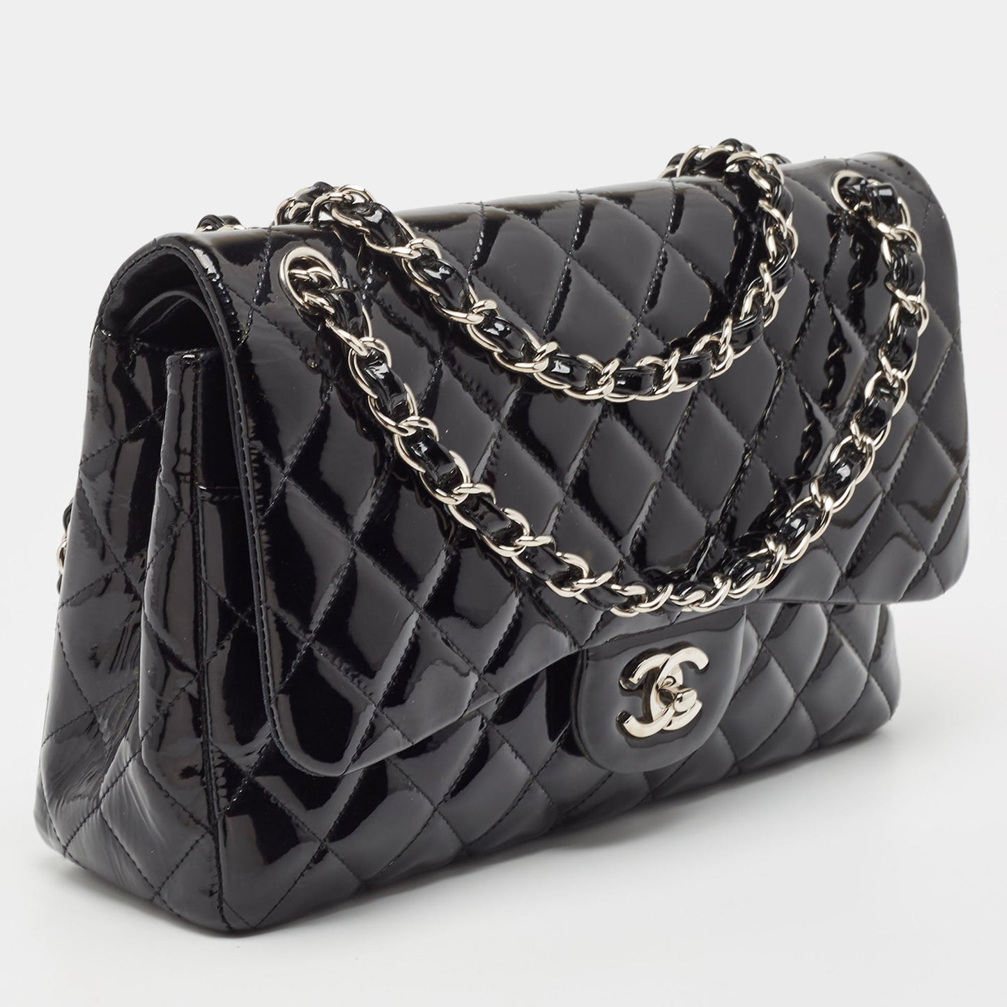 CHANEL Black Quilted Patent Leather Jumbo Classic Double Flap Bag
