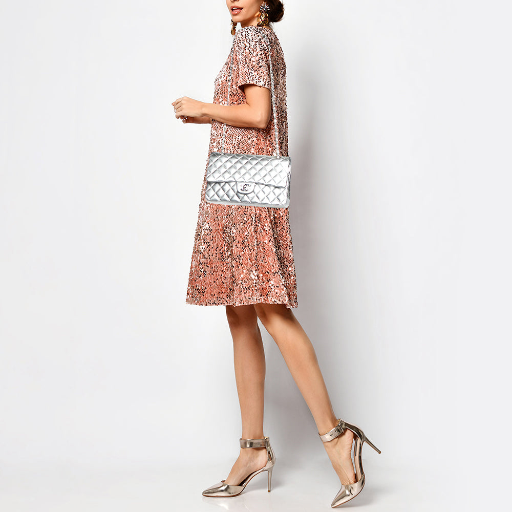 CHANEL Silver Quilted Leather Medium Classic Double Flap Bag