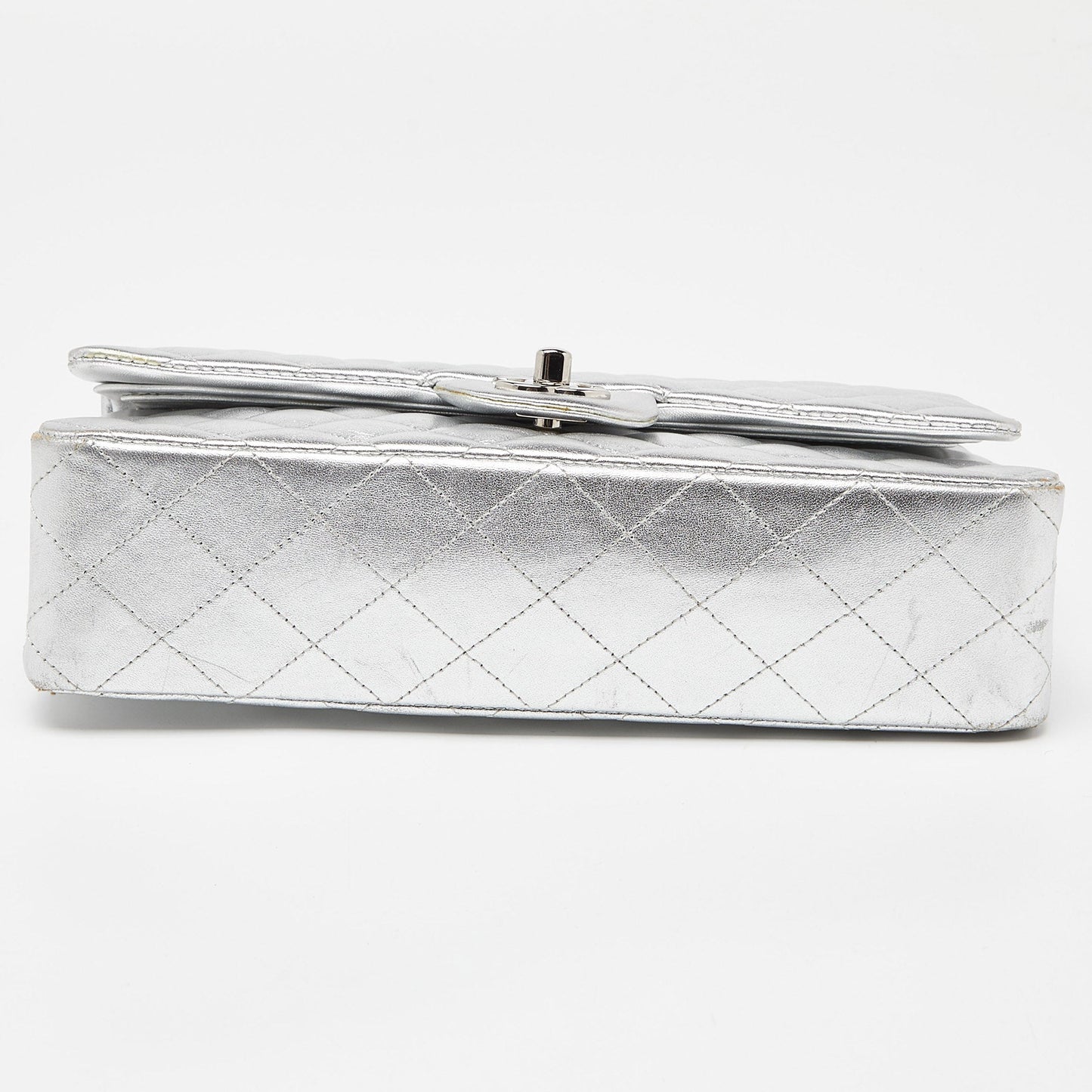 CHANEL Silver Quilted Leather Medium Classic Double Flap Bag