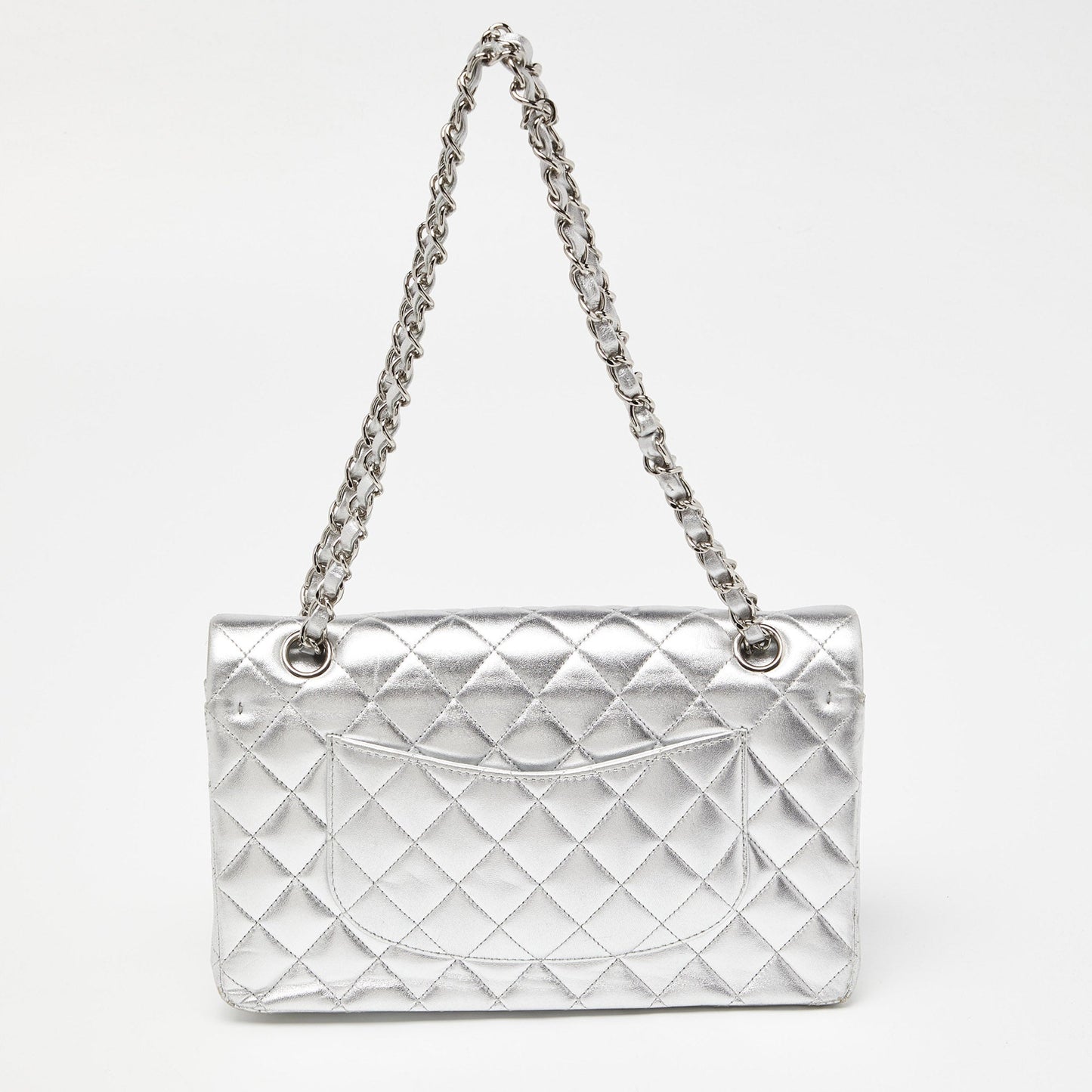 CHANEL Silver Quilted Leather Medium Classic Double Flap Bag