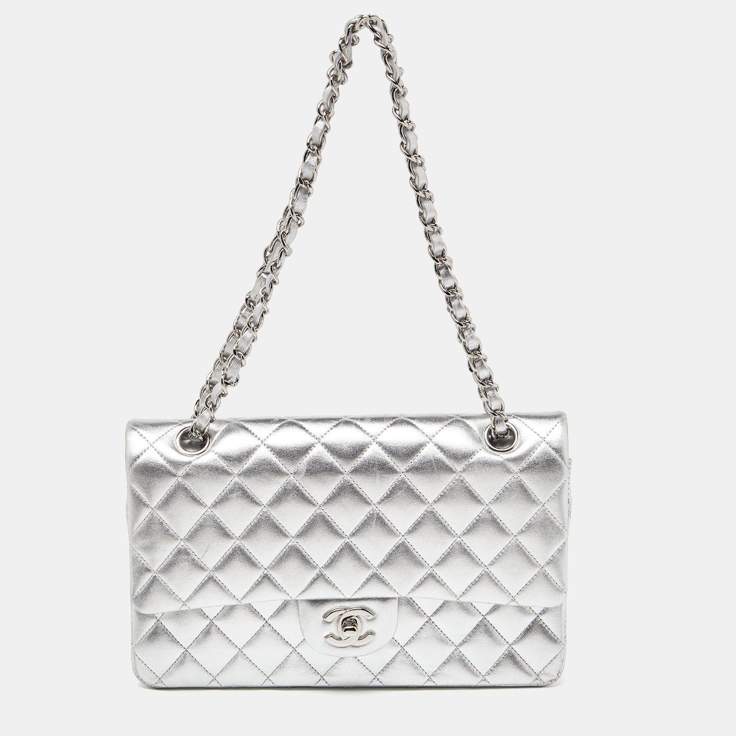 CHANEL Silver Quilted Leather Medium Classic Double Flap Bag