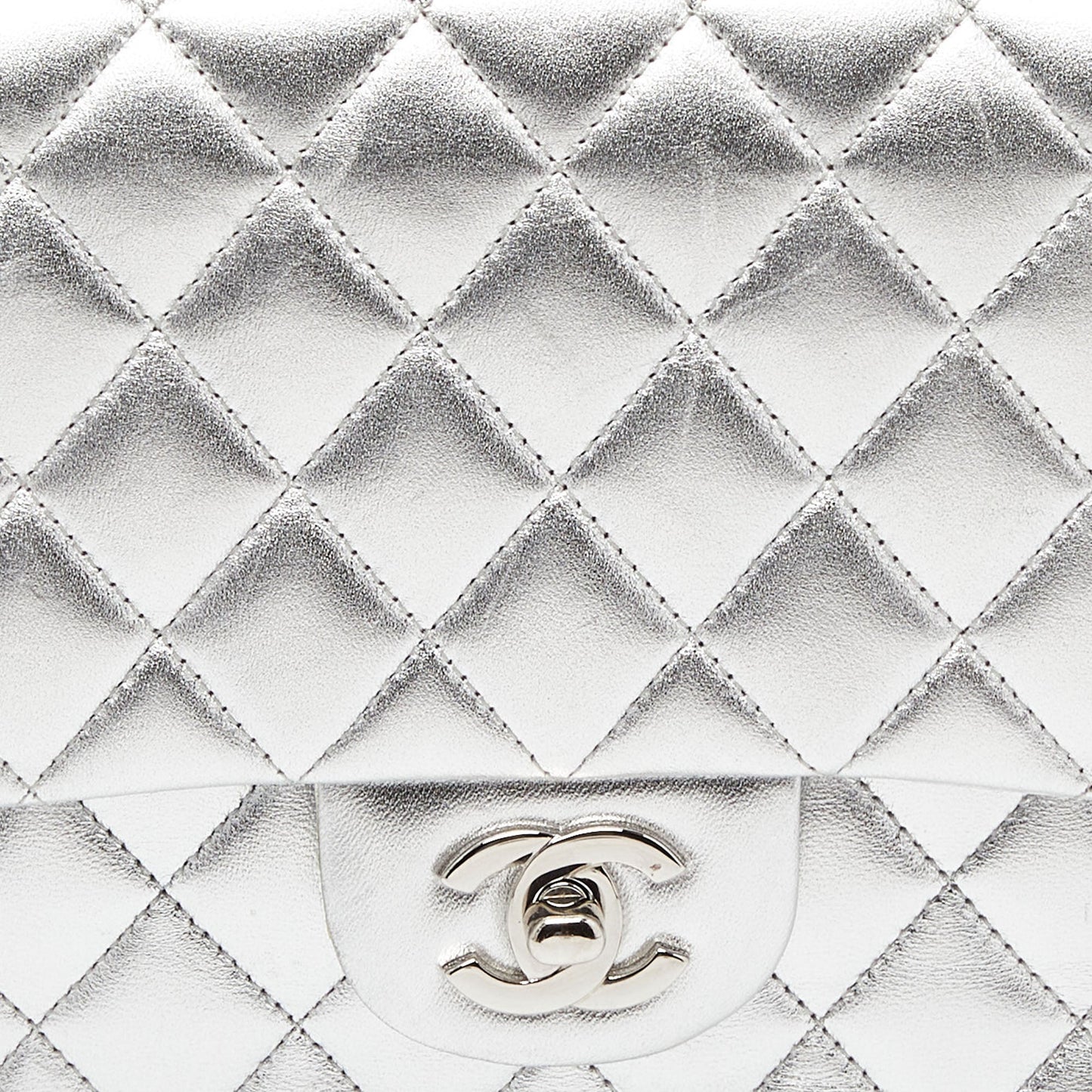 CHANEL Silver Quilted Leather Medium Classic Double Flap Bag