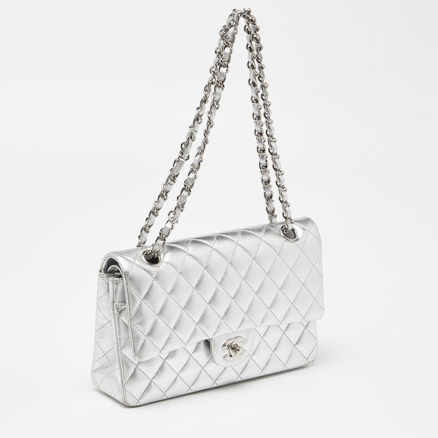 CHANEL Silver Quilted Leather Medium Classic Double Flap Bag