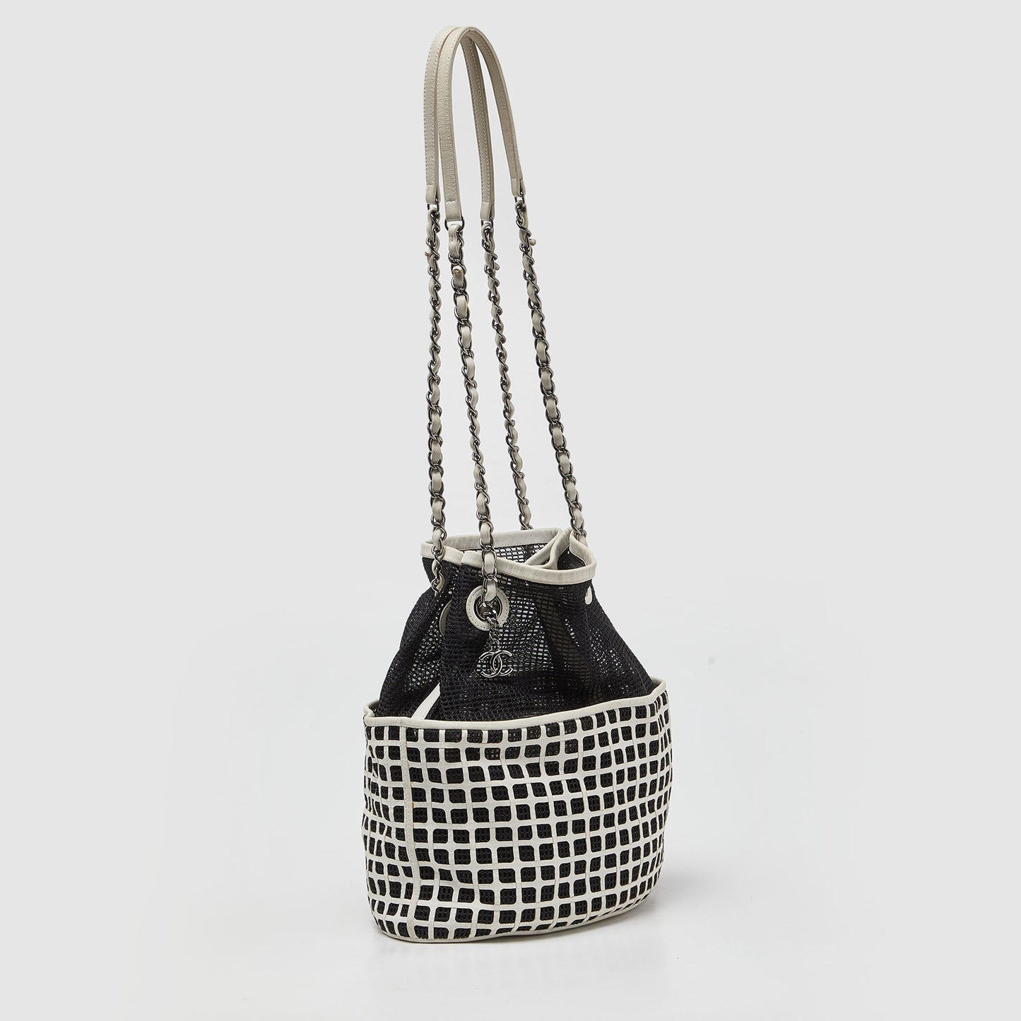 CHANEL Black/White Mesh and Leather Bucket Bag
