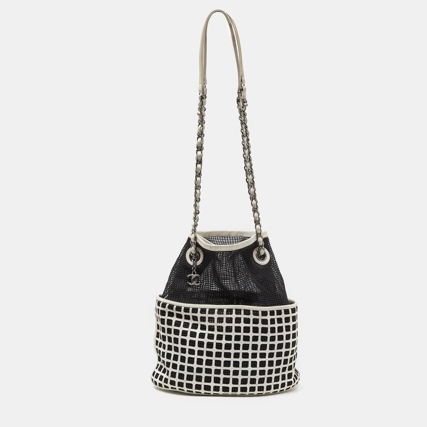 CHANEL Black/White Mesh and Leather Bucket Bag