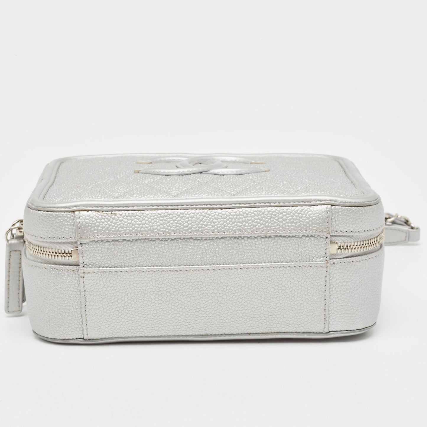 CHANEL Silver Quilted Caviar Leather Medium CC Filigree Vanity Case Bag