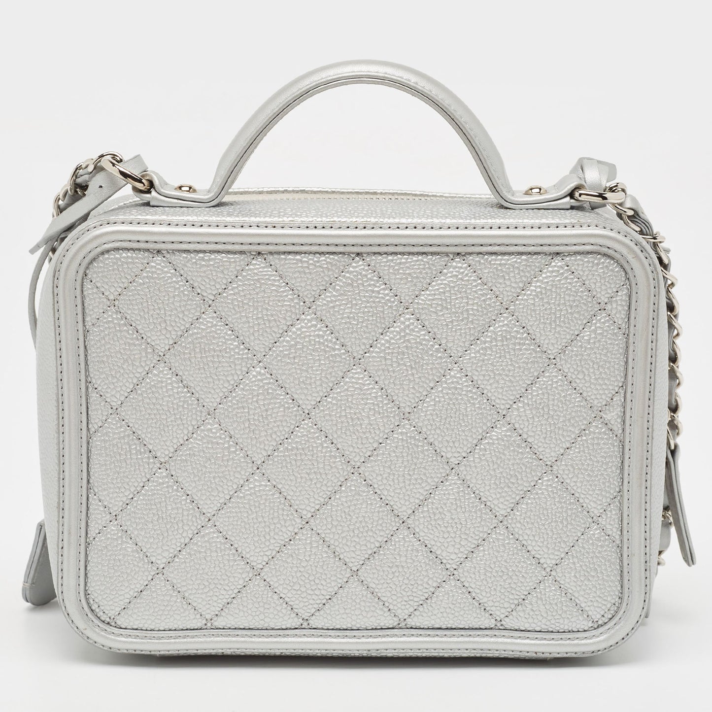 CHANEL Silver Quilted Caviar Leather Medium CC Filigree Vanity Case Bag