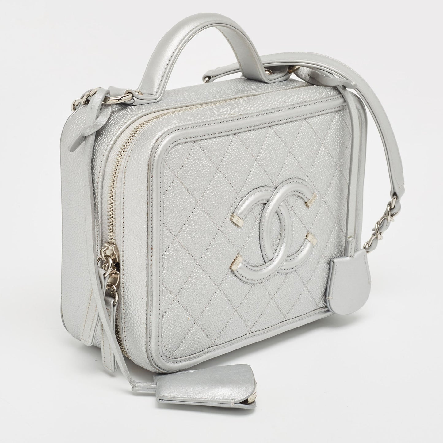 CHANEL Silver Quilted Caviar Leather Medium CC Filigree Vanity Case Bag