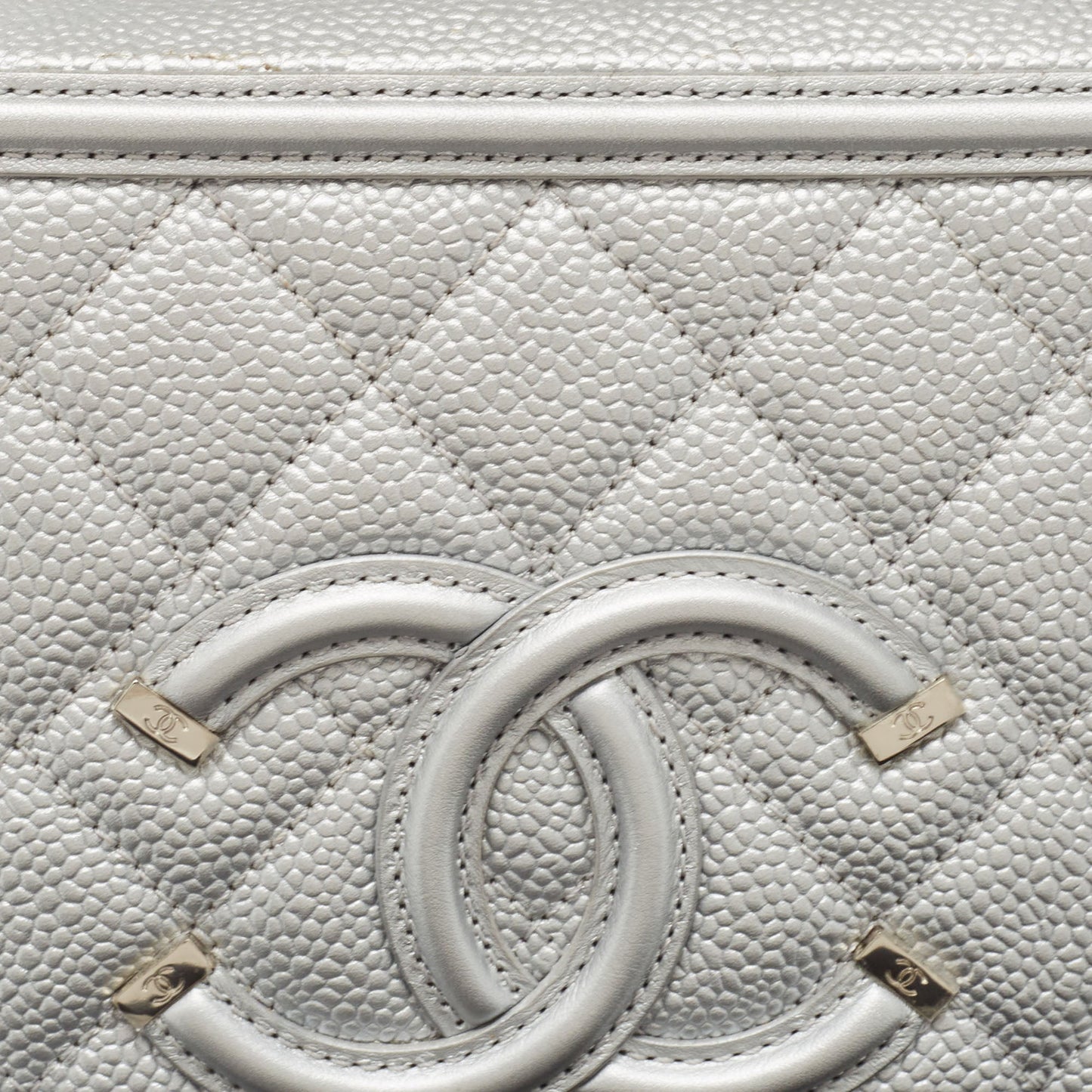 CHANEL Silver Quilted Caviar Leather Medium CC Filigree Vanity Case Bag