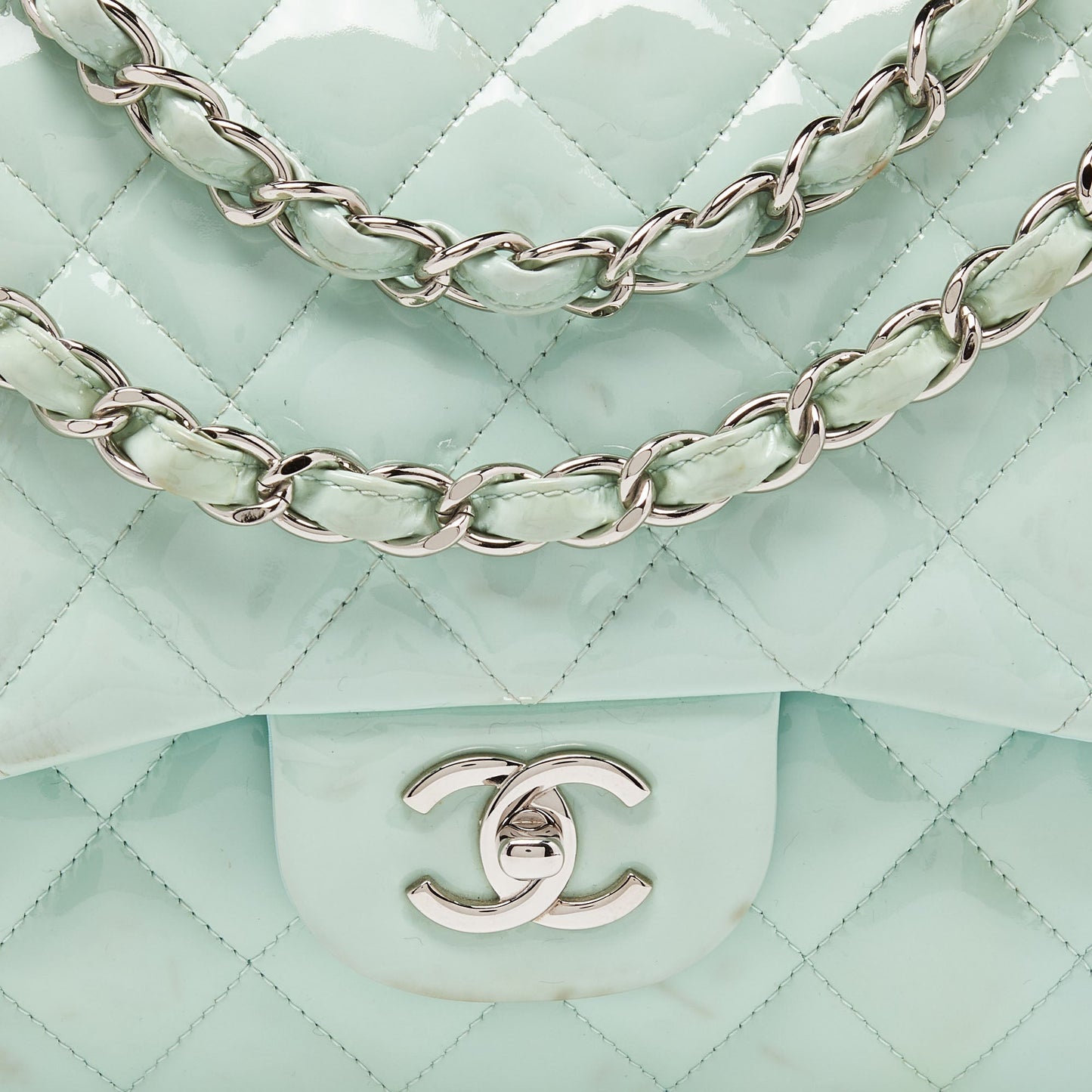 CHANEL Green Quilted Patent Leather Jumbo Classic Double Flap Bag