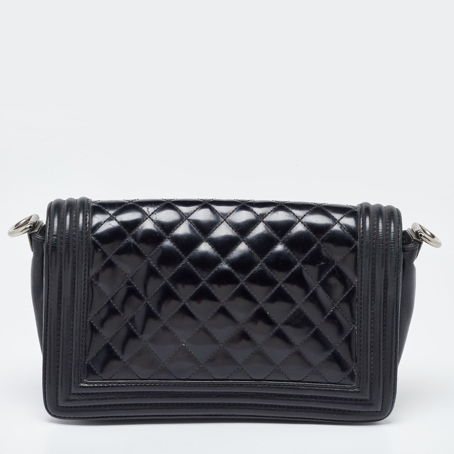 CHANEL Black Quilted Patent Leather Medium Boy Bag