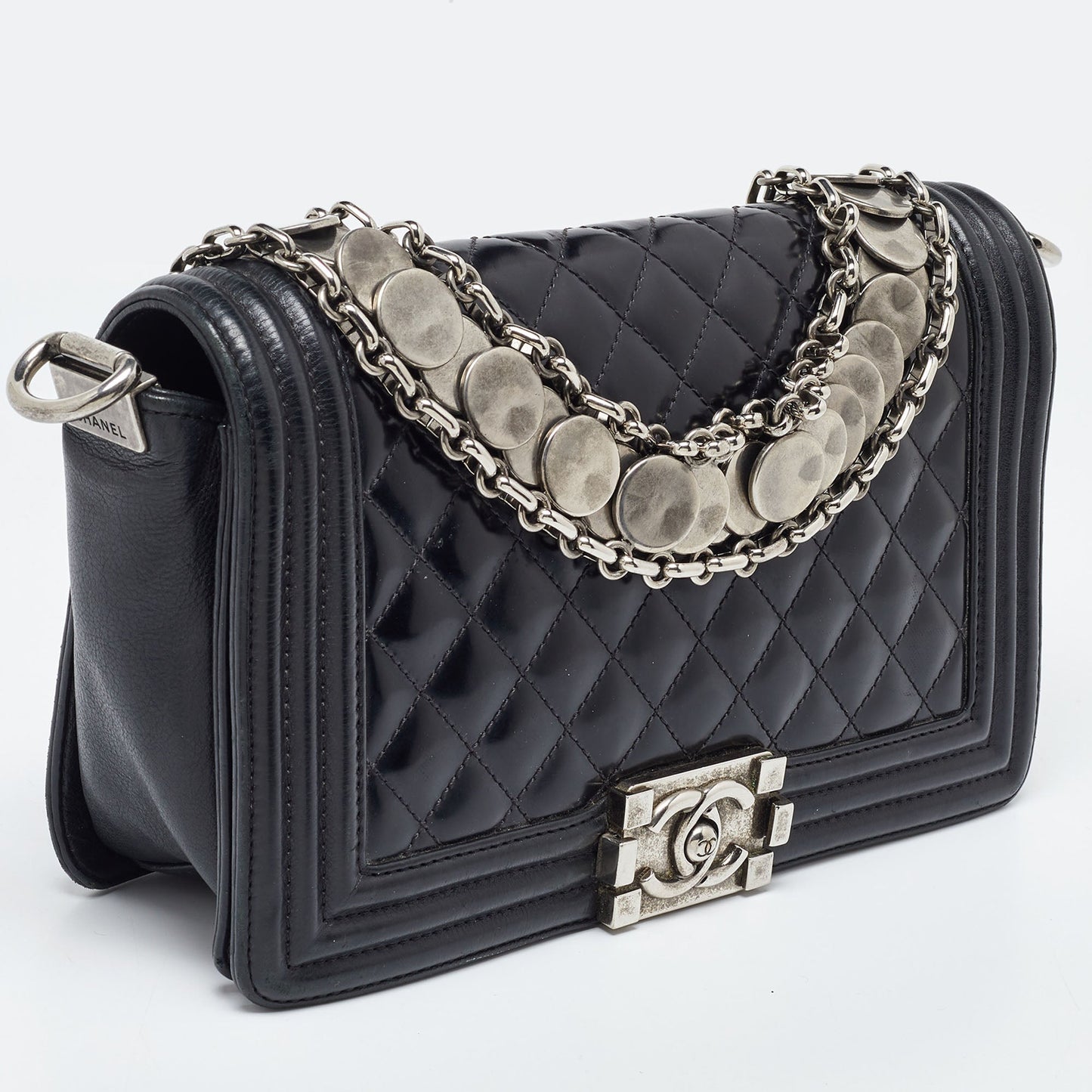 CHANEL Black Quilted Patent Leather Medium Boy Bag