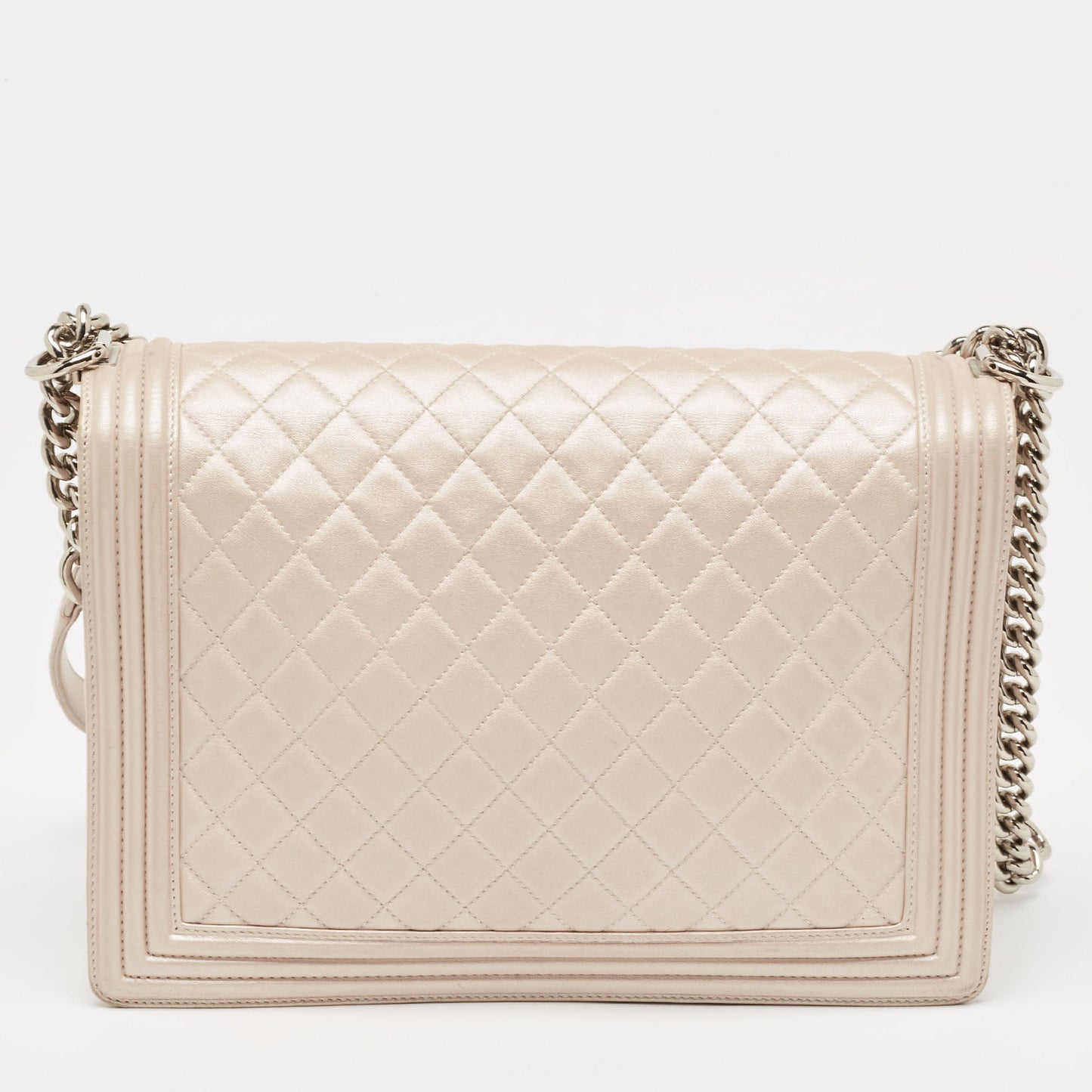 CHANEL Pearl White Shimmer Quilted Leather Large Boy Flap Bag