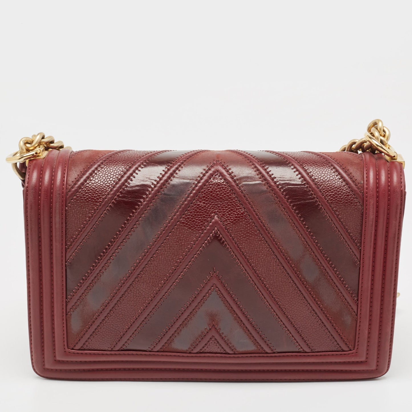 CHANEL Burgundy Chevron Caviar Leather and Leather New Medium Boy Bag