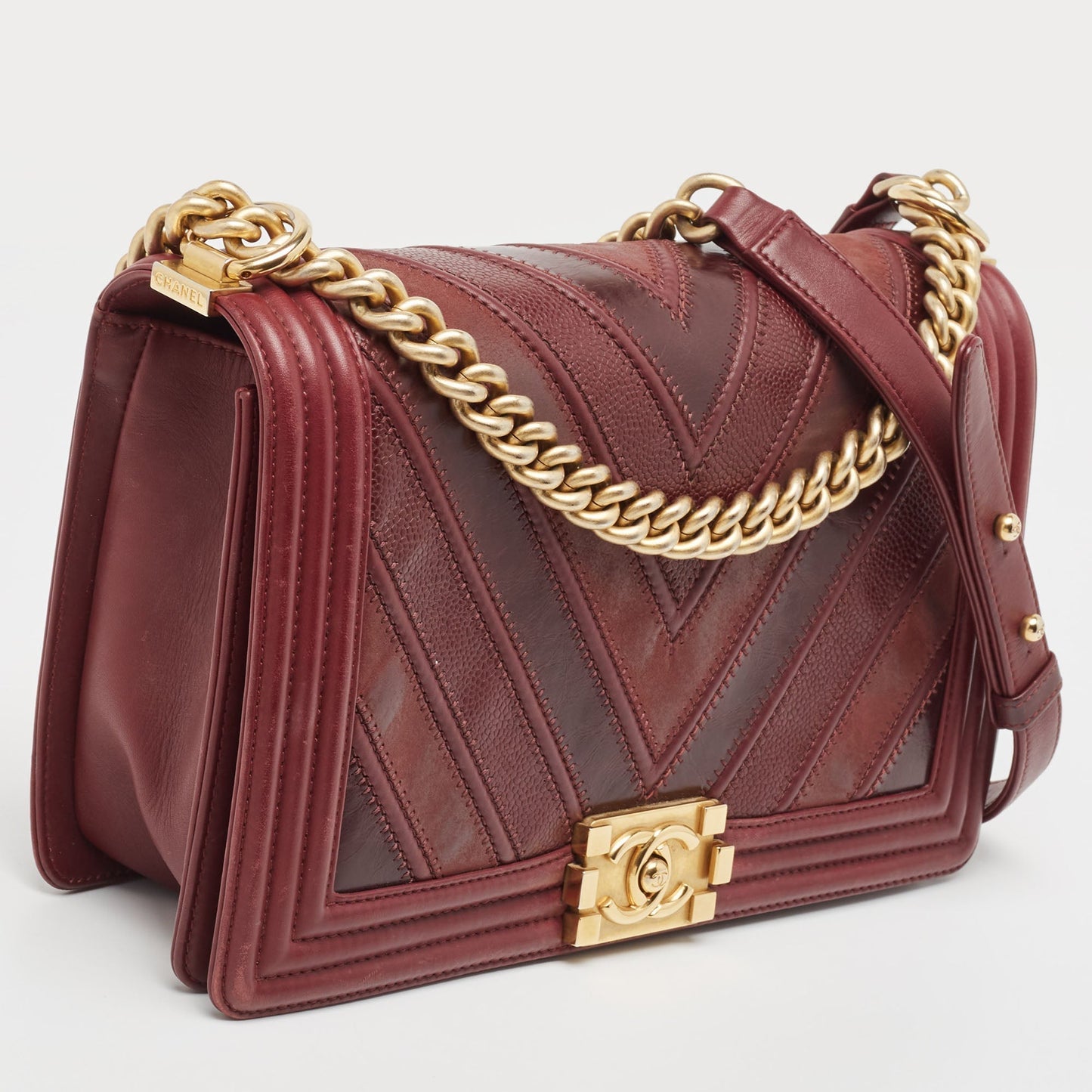 CHANEL Burgundy Chevron Caviar Leather and Leather New Medium Boy Bag