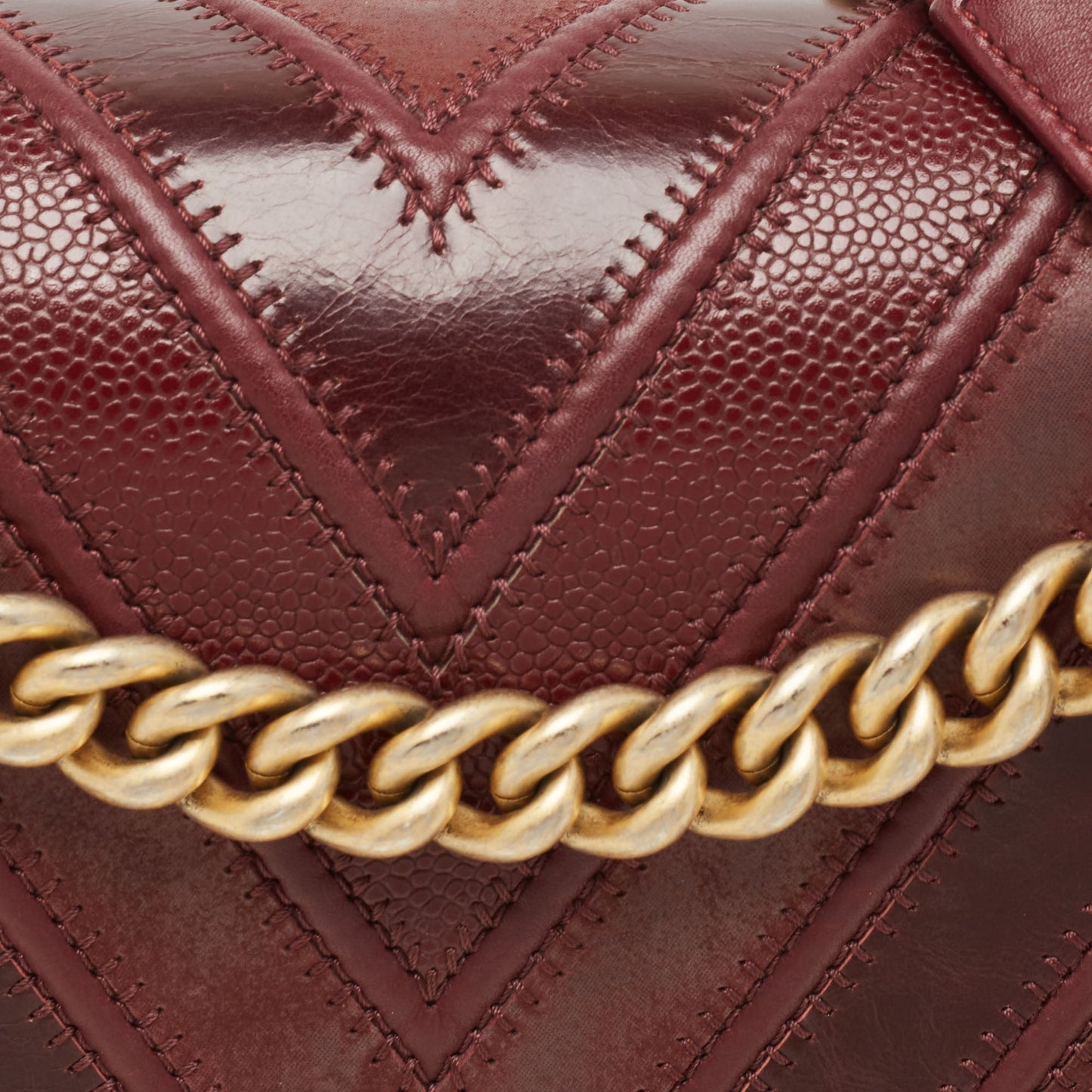CHANEL Burgundy Chevron Caviar Leather and Leather New Medium Boy Bag
