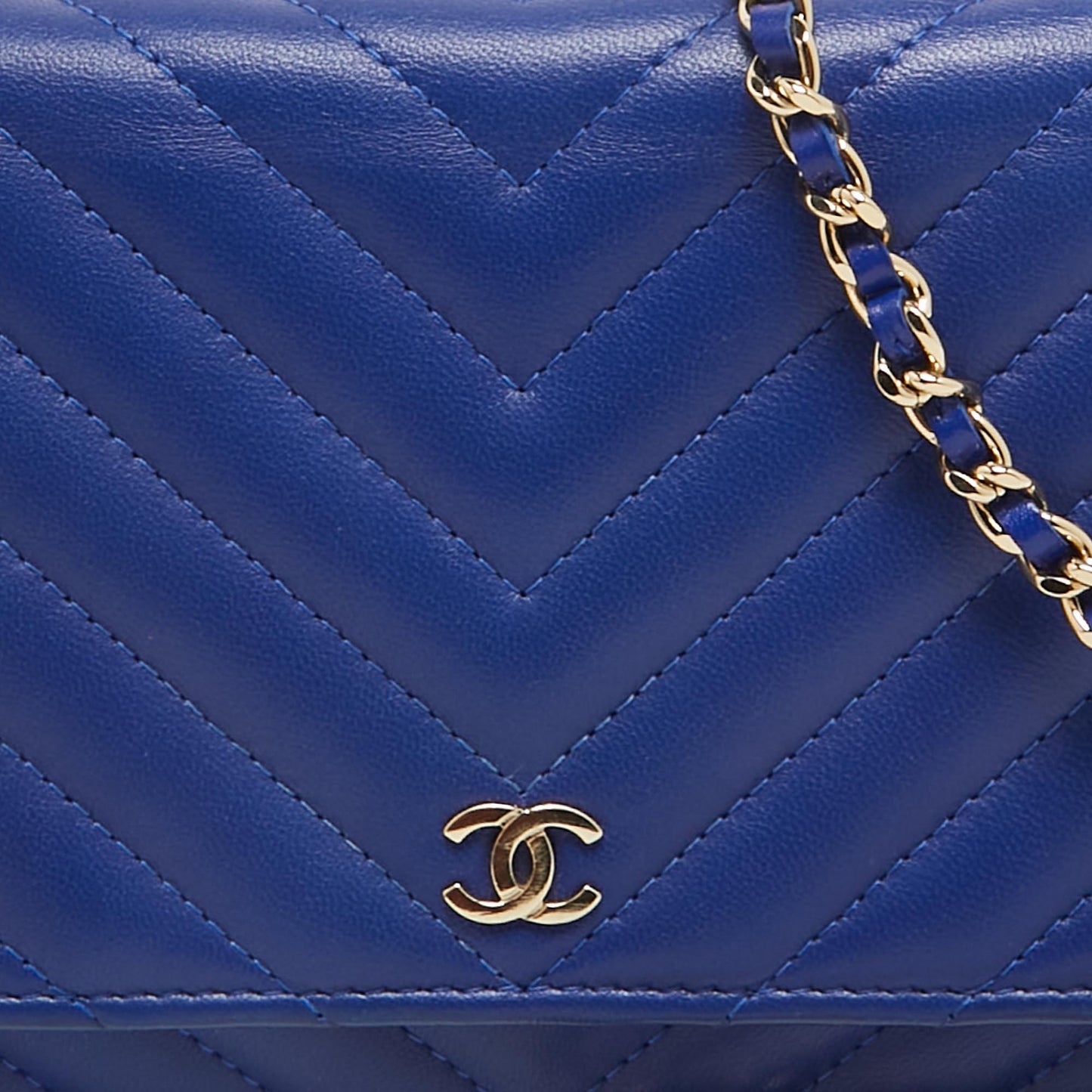 CHANEL Blue Chevron Leather Classic Wallet on Chain
