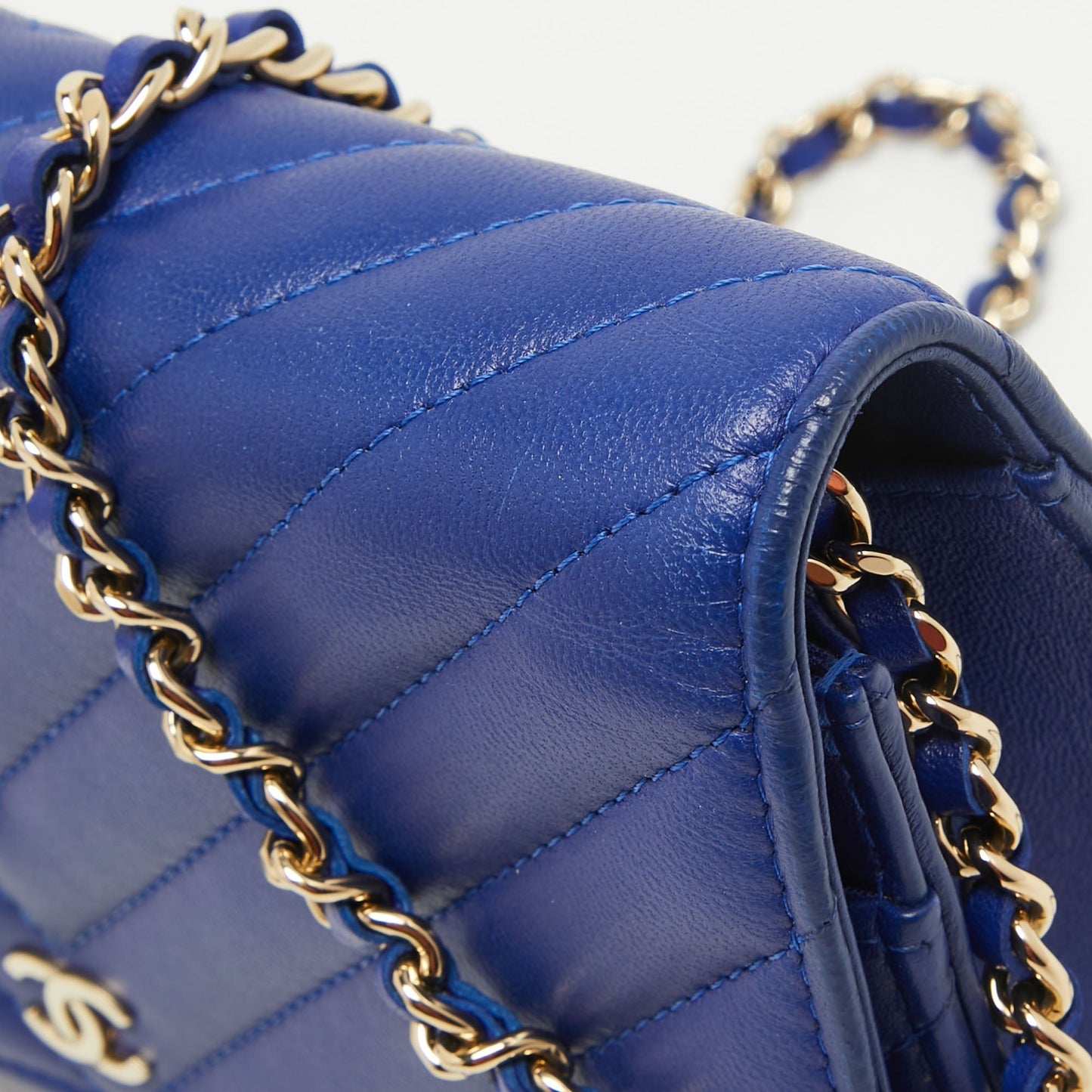 CHANEL Blue Chevron Leather Classic Wallet on Chain