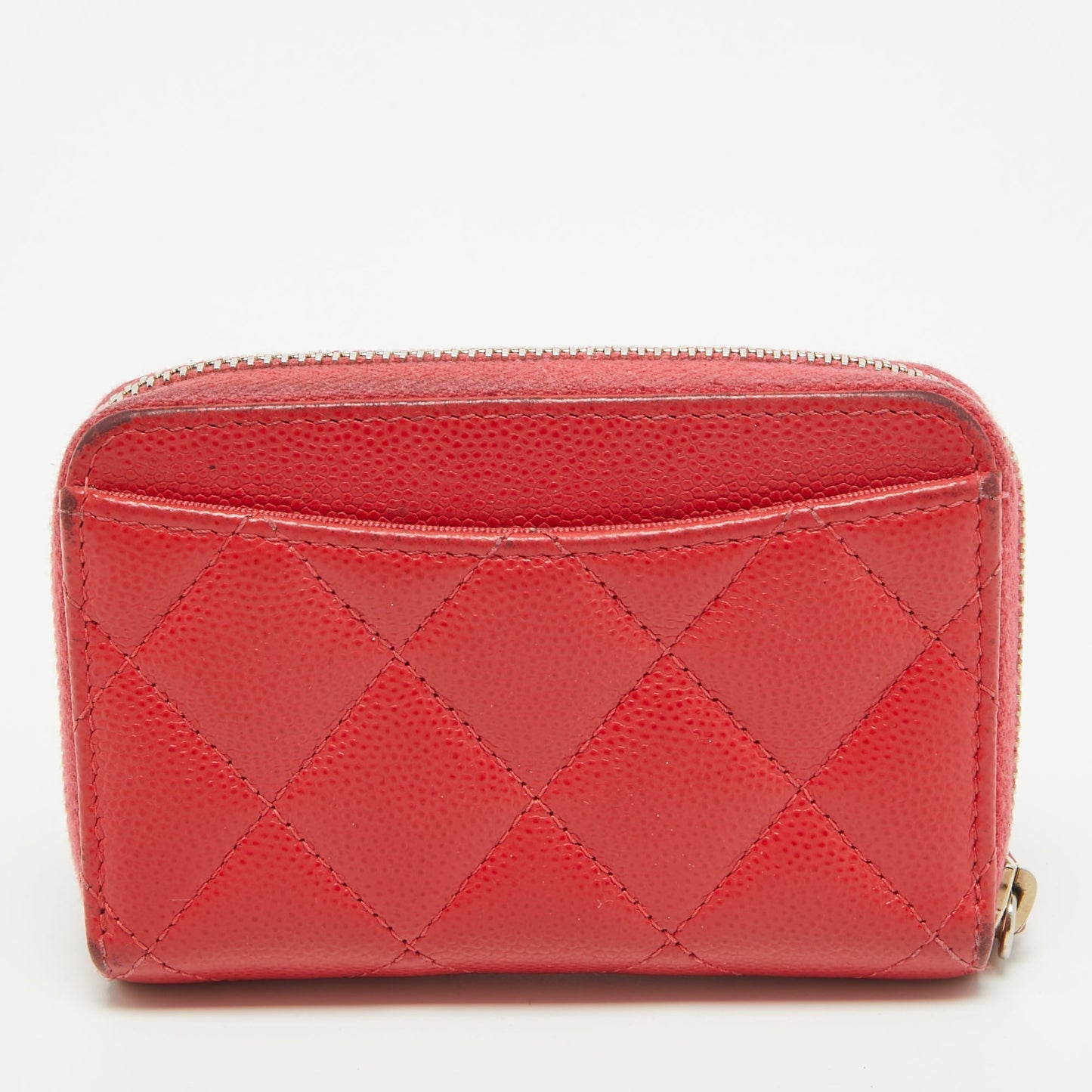 CHANEL Red Quilted Caviar Leather Zip Around Coin Purse