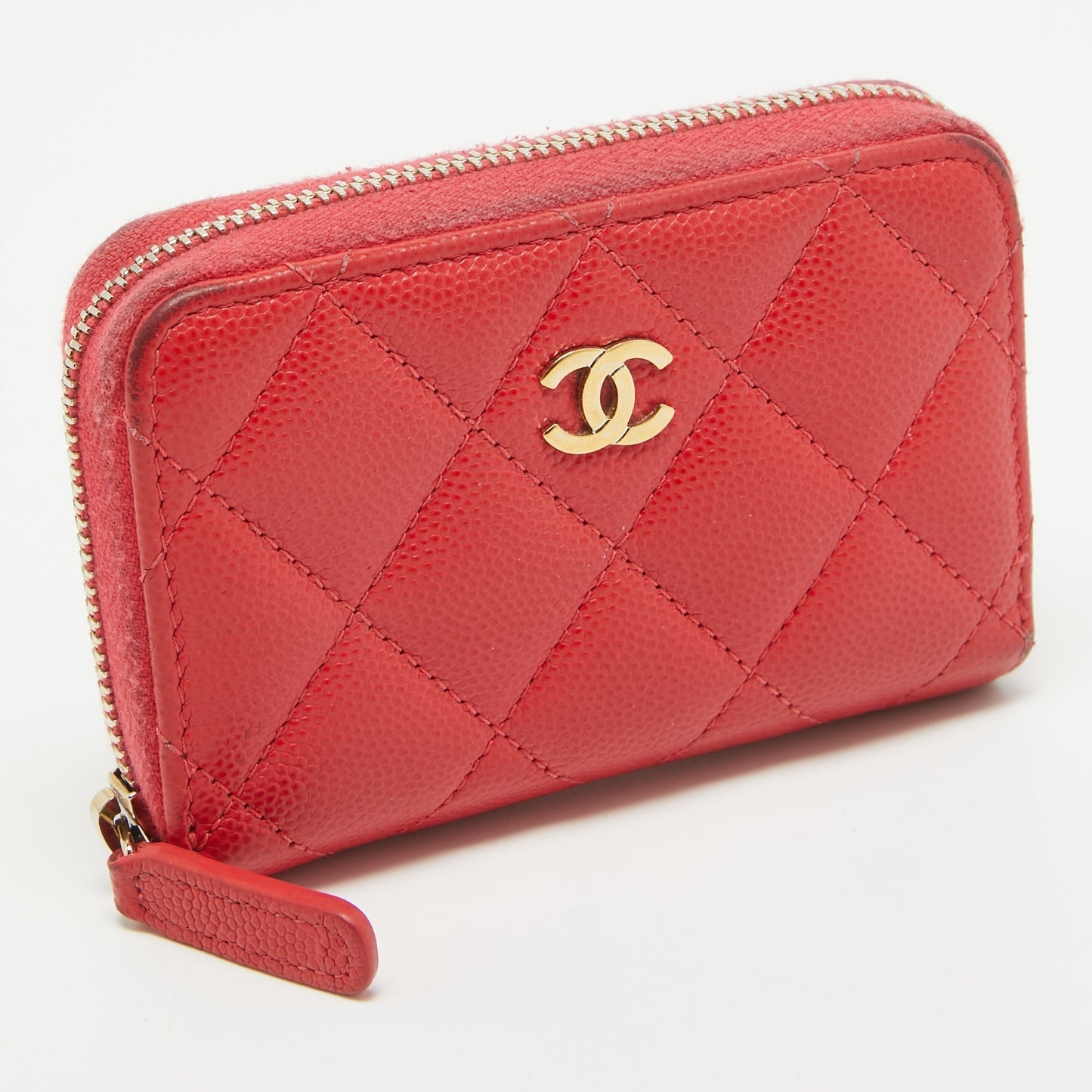 CHANEL Red Quilted Caviar Leather Zip Around Coin Purse