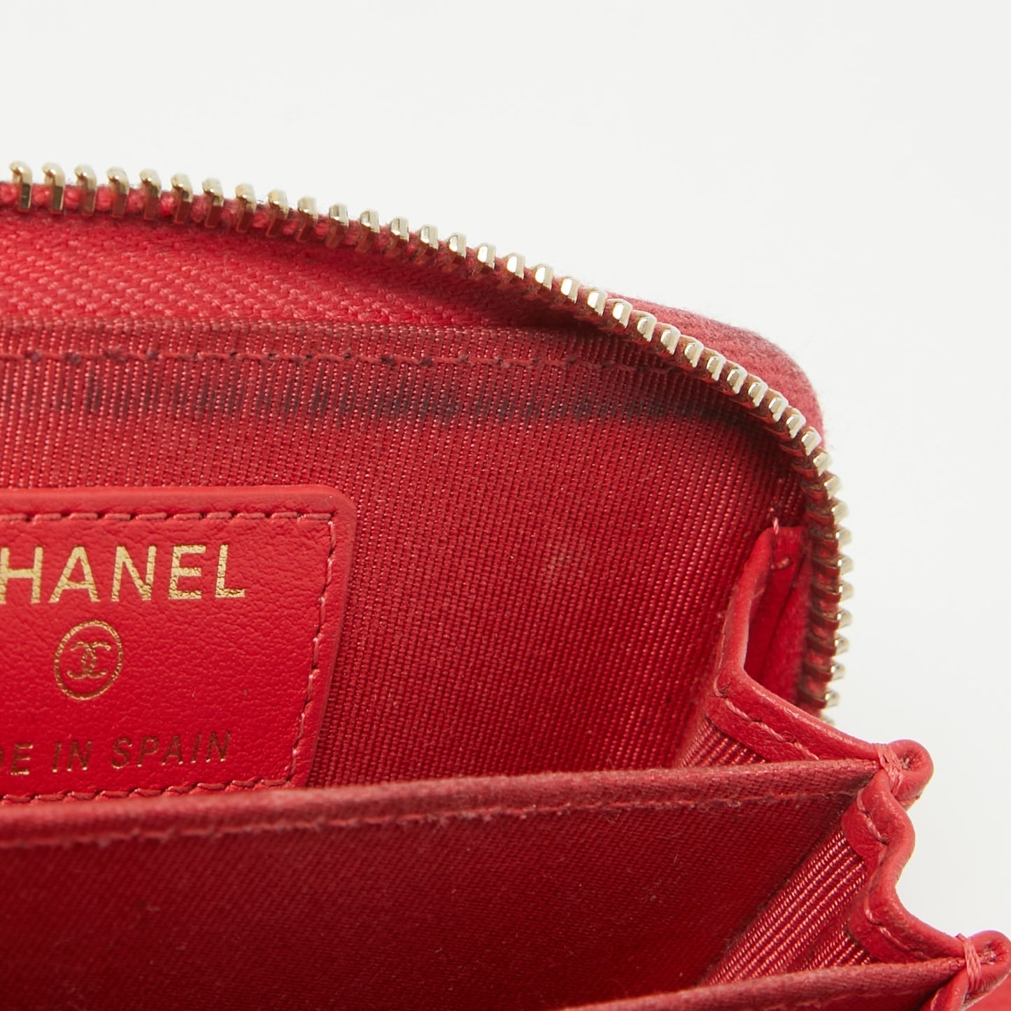 CHANEL Red Quilted Caviar Leather Zip Around Coin Purse