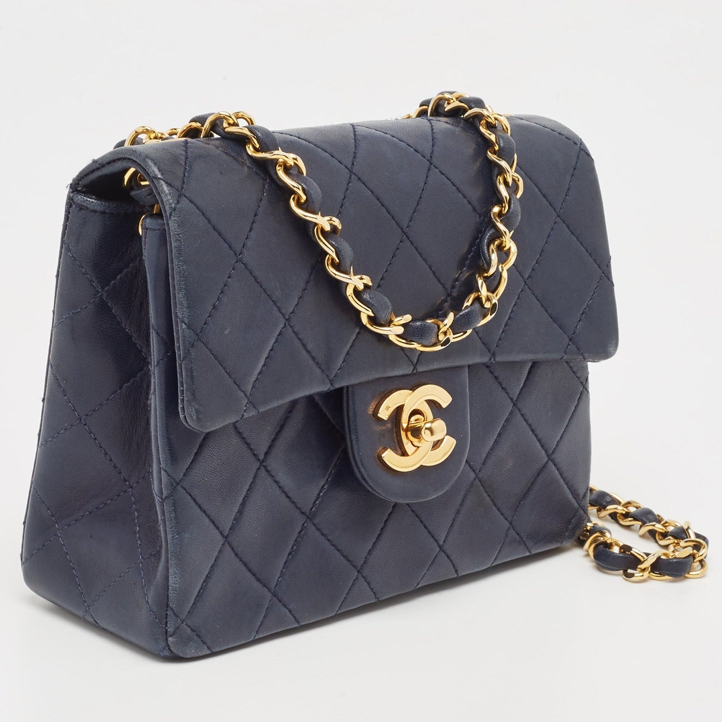 CHANEL Navy Blue Quilted Leather Mini Vintage Square Flap Bag
