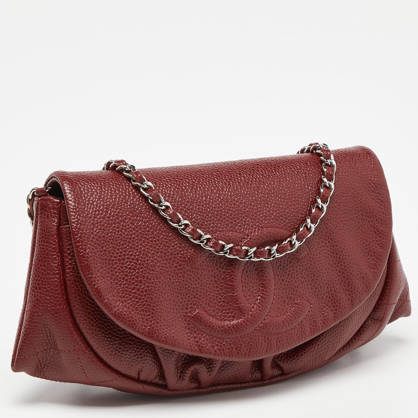 CHANEL Red Quilted Caviar Leather Half Moon Wallet On Chain
