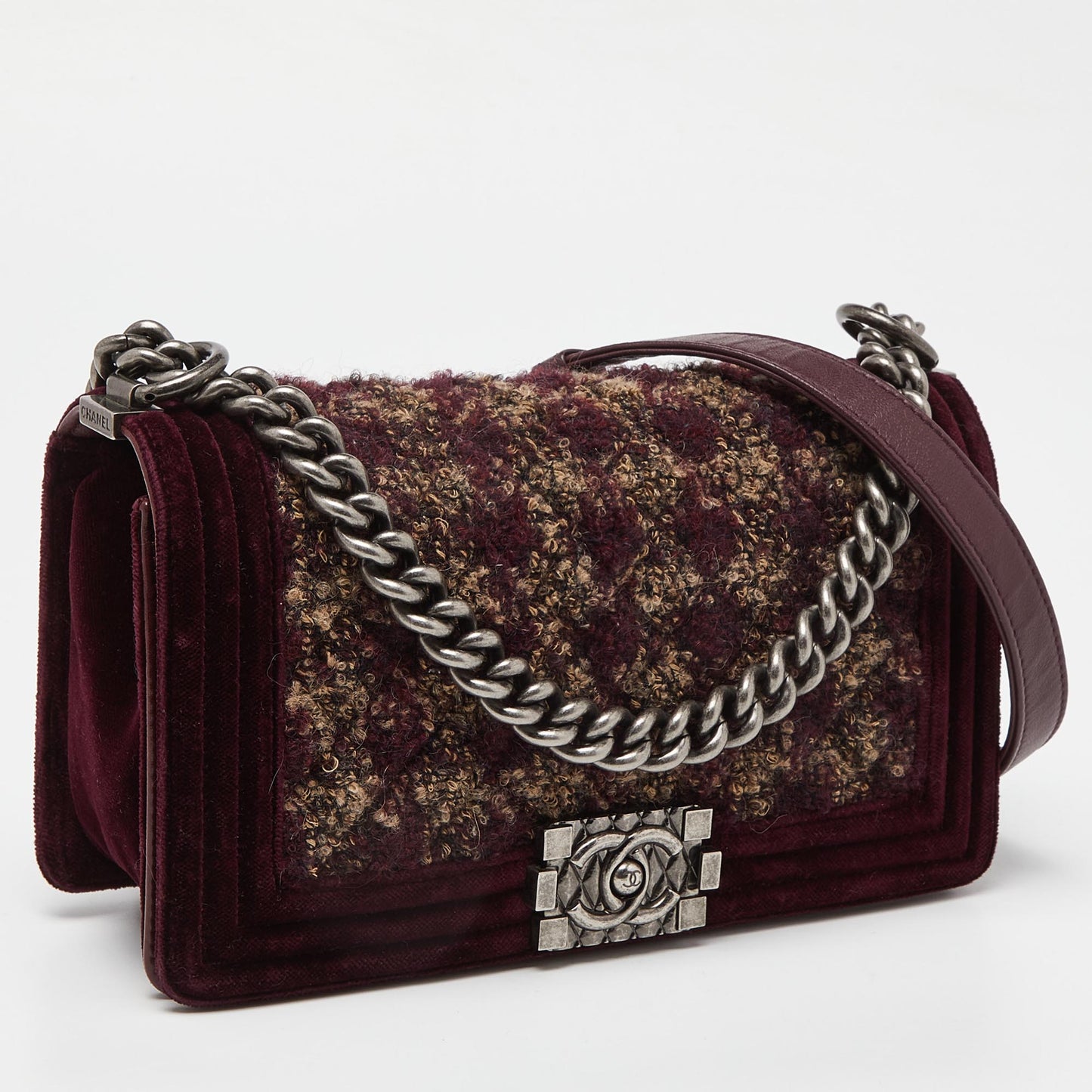 CHANEL Burgundy Quilted Tweed,Leather and Velvet Medium Boy Flap Bag