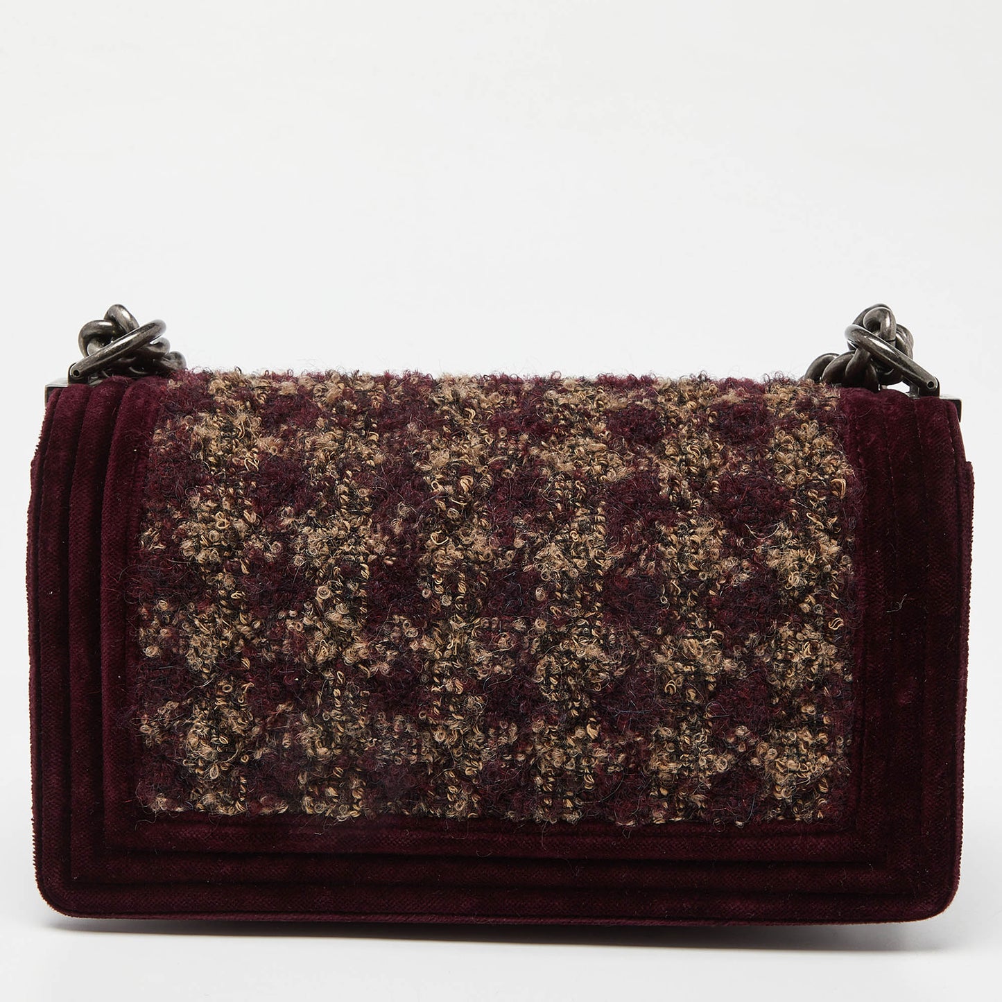 CHANEL Burgundy Quilted Tweed,Leather and Velvet Medium Boy Flap Bag