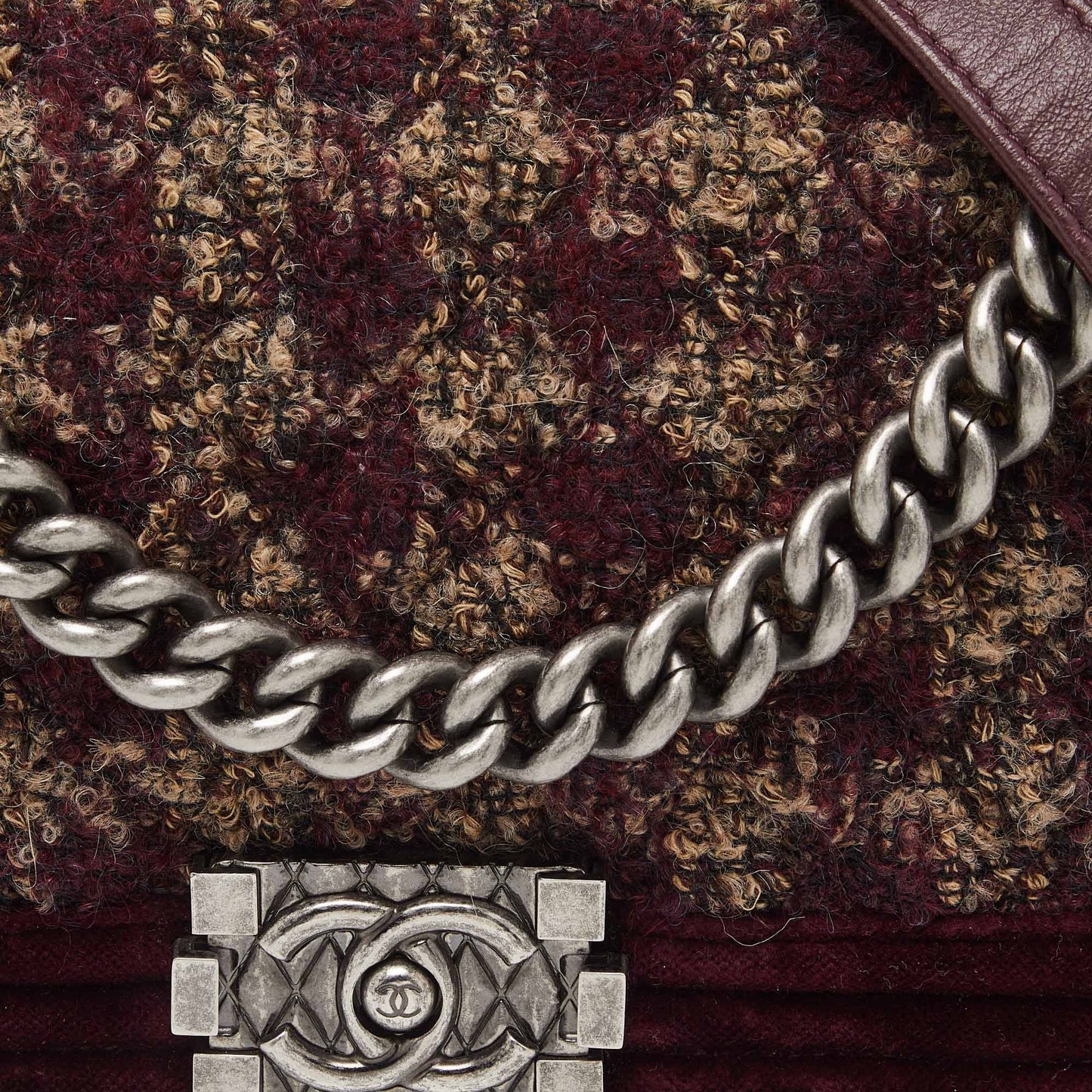 CHANEL Burgundy Quilted Tweed,Leather and Velvet Medium Boy Flap Bag