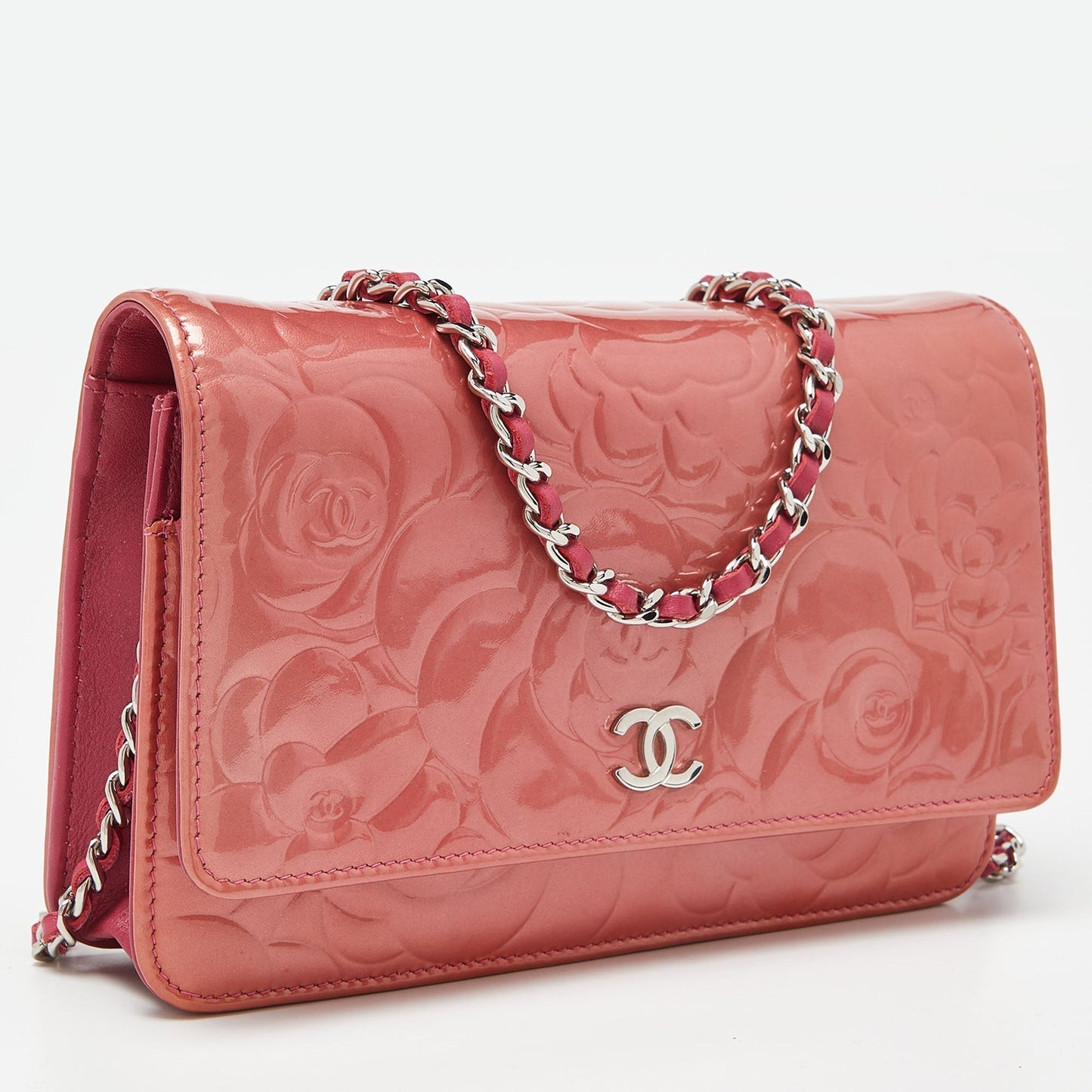 CHANEL Pink Camellia Patent and Leather Wallet On Chain